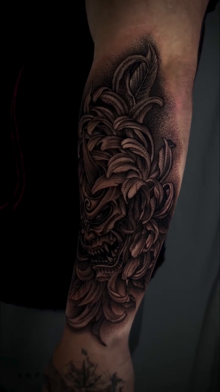 Hannya mask with floral elements Japanese tattoo on the forearm by DREW ROMERO - Colorado Tattoo Artist, Pueblo, Colorado