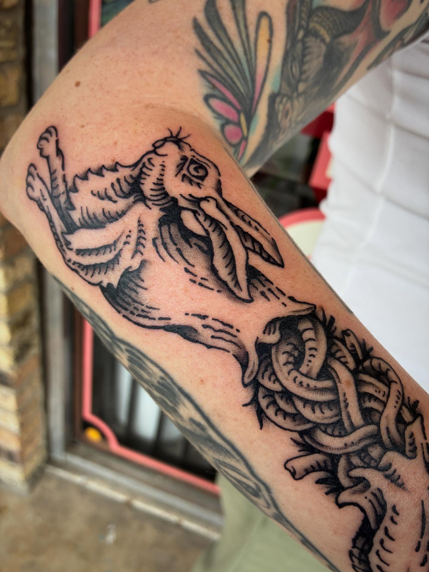 Rabbit American traditional tattoo on the forearm by Zachary R Bobkoff