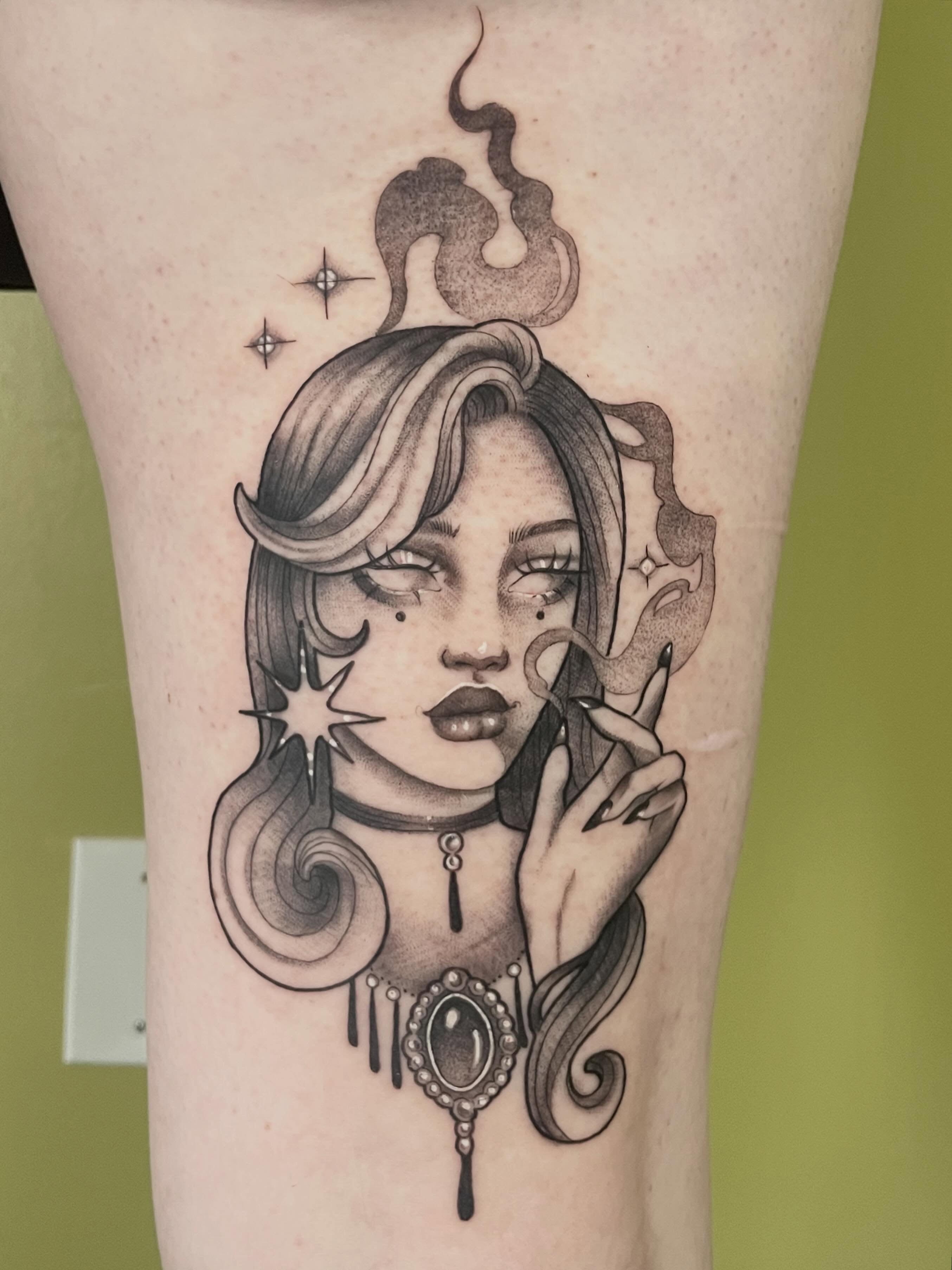Woman smoking realism tattoo on the forearm by ✨Erin Haines✨