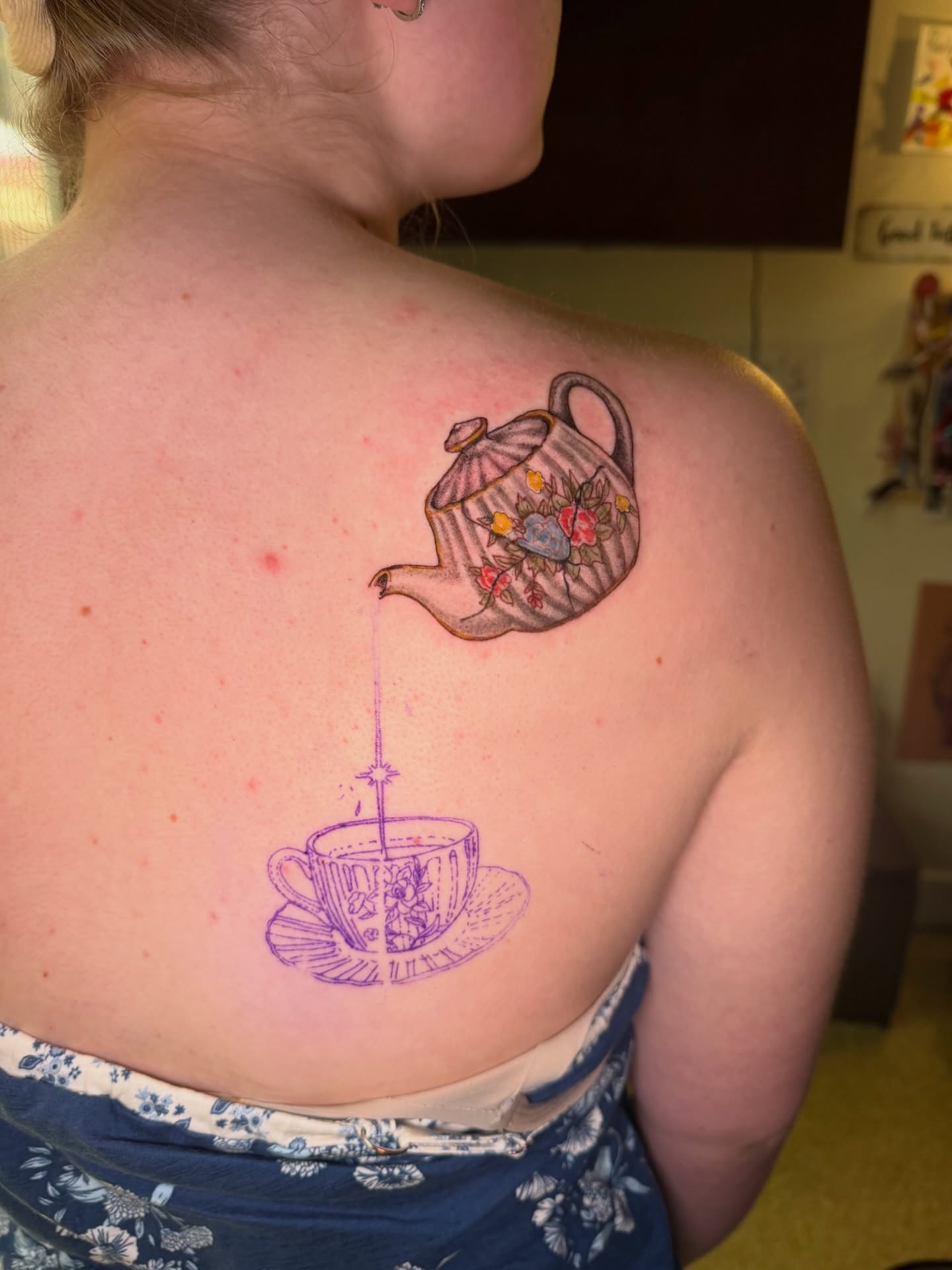 Teapot and teacup dotwork tattoo on the shoulder by Abbie Kaitlynn Taylor, Dayton, Ohio