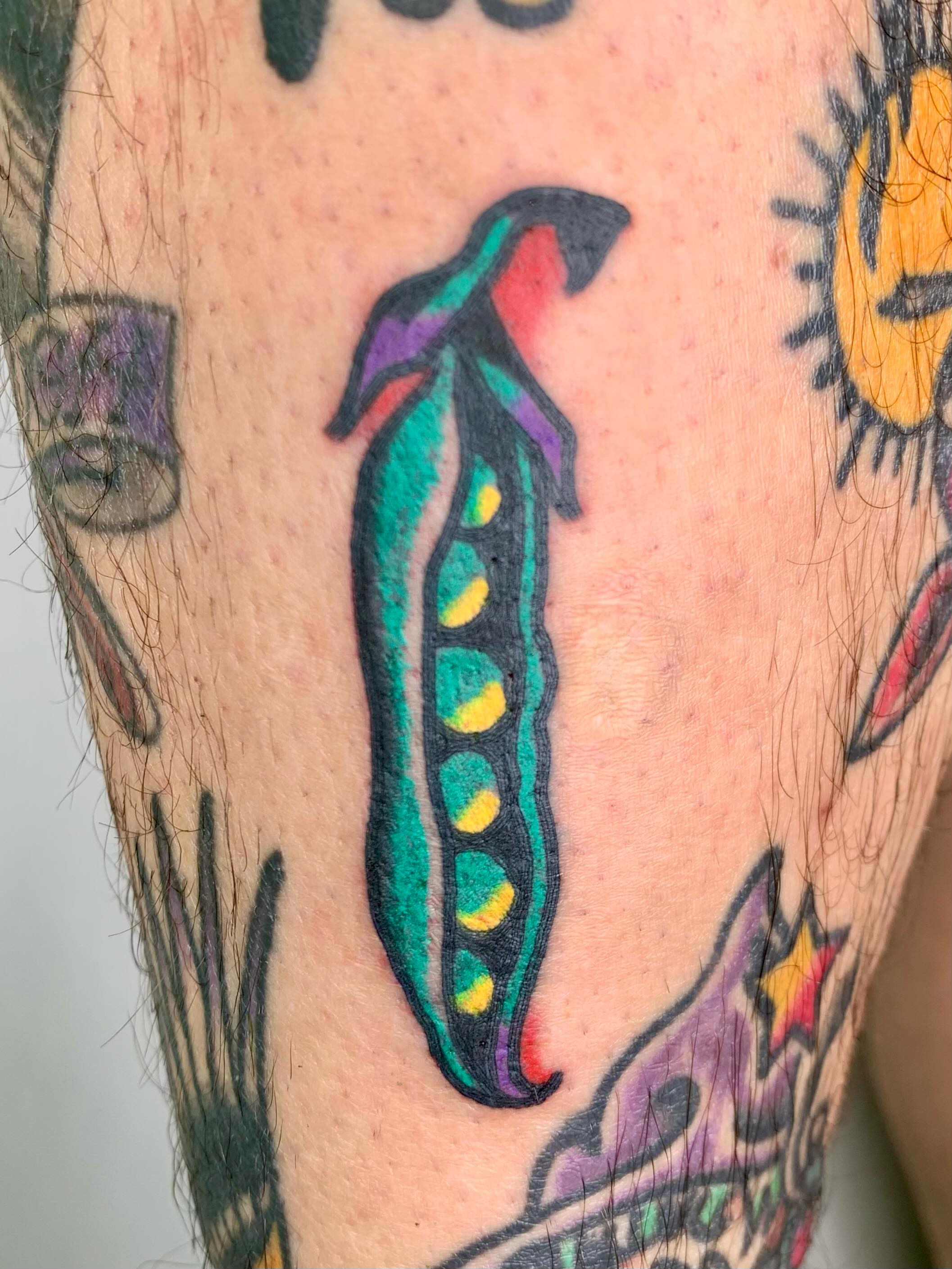 Pea pod American traditional tattoo on the forearm by Keegan Bergen