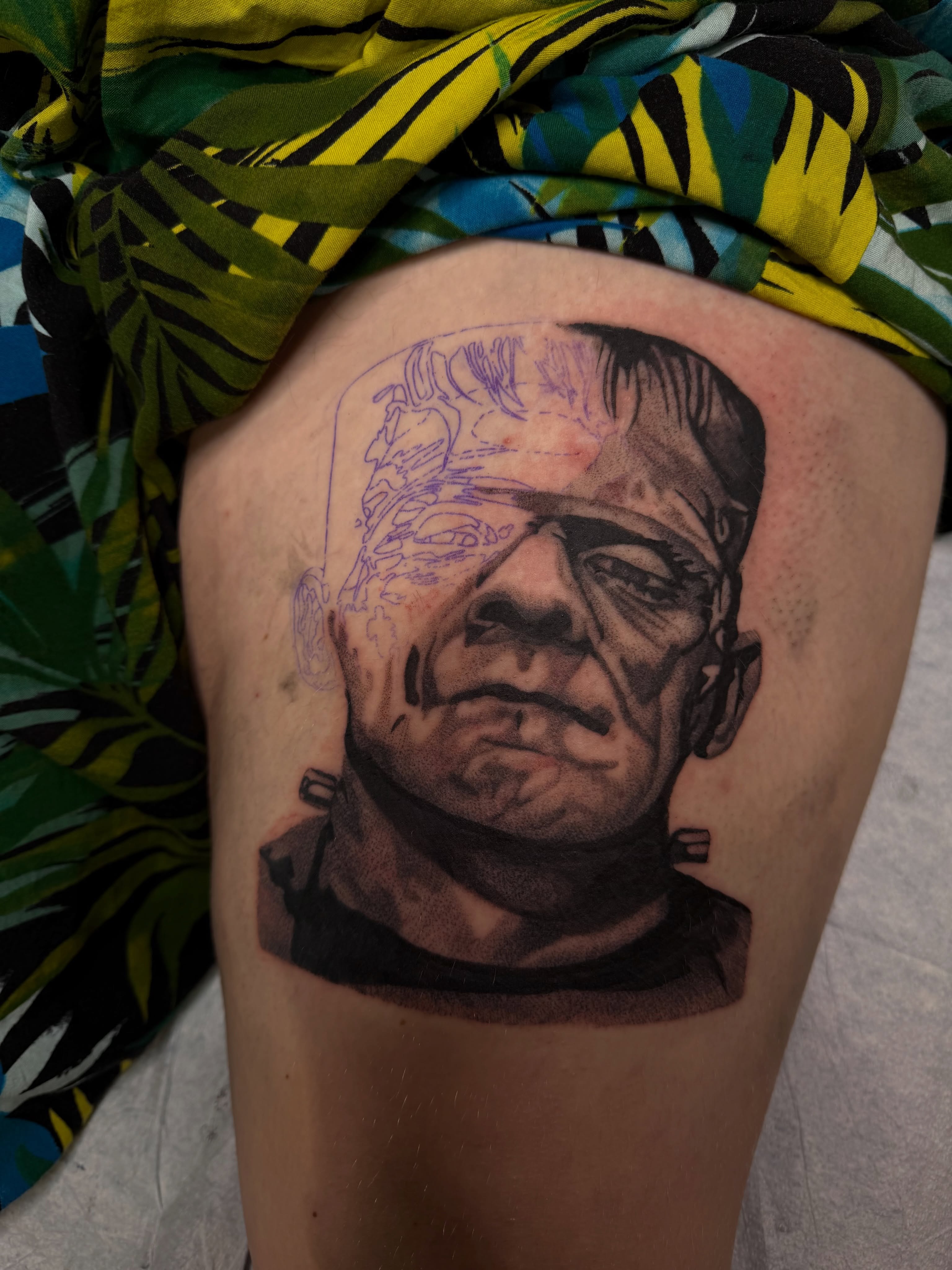 Frankenstein realism tattoo on the thigh by Pedro Sinhorini, Portland, Oregon