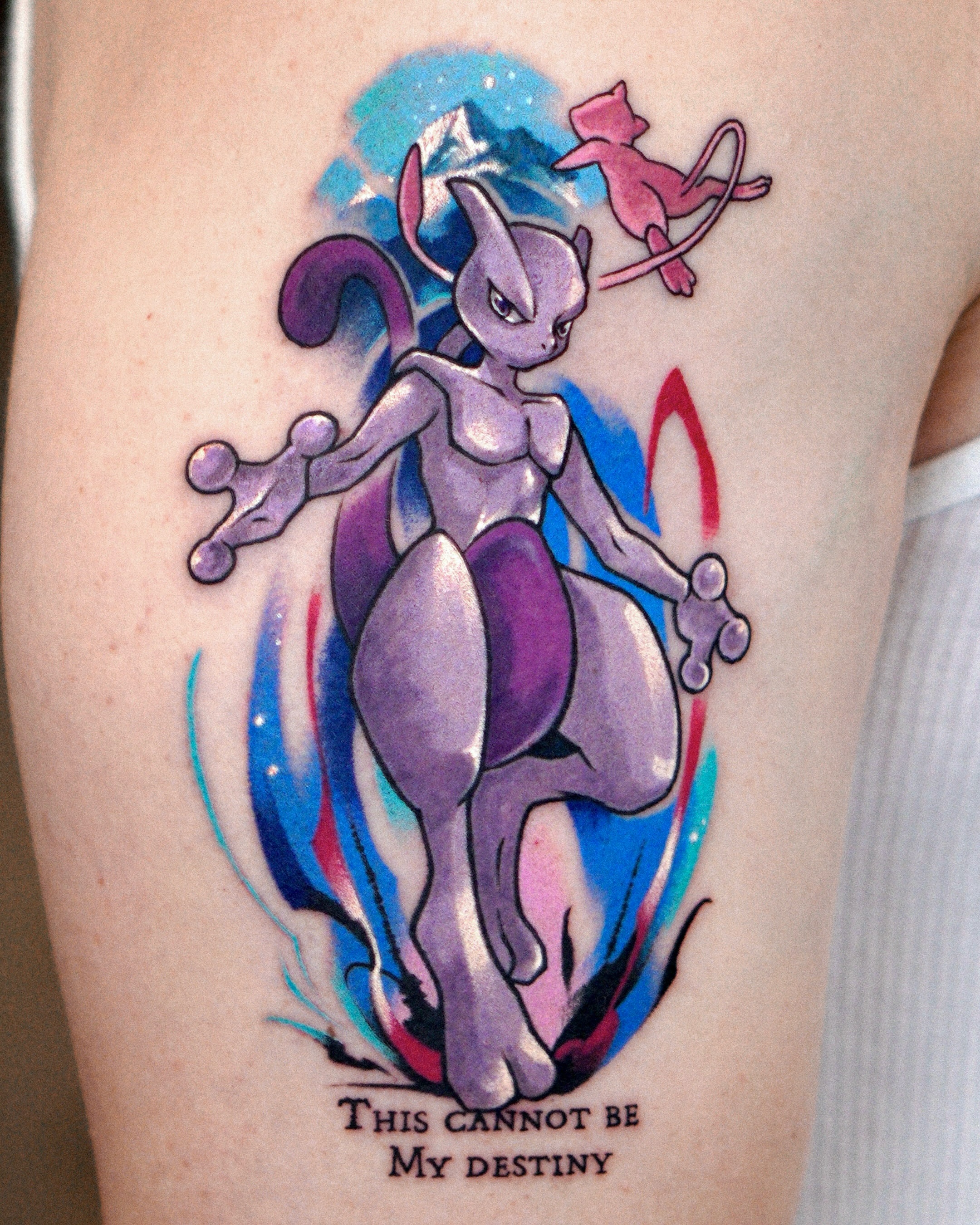 Mewtwo dotwork tattoo on the forearm by Eden