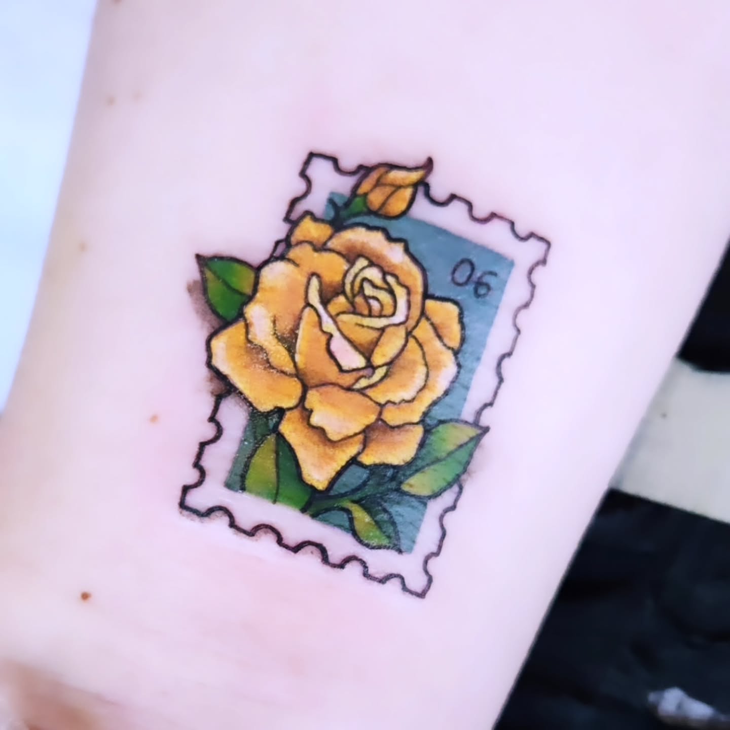 Yellow rose American traditional tattoo on the forearm by Amanda Boyd - Duh!