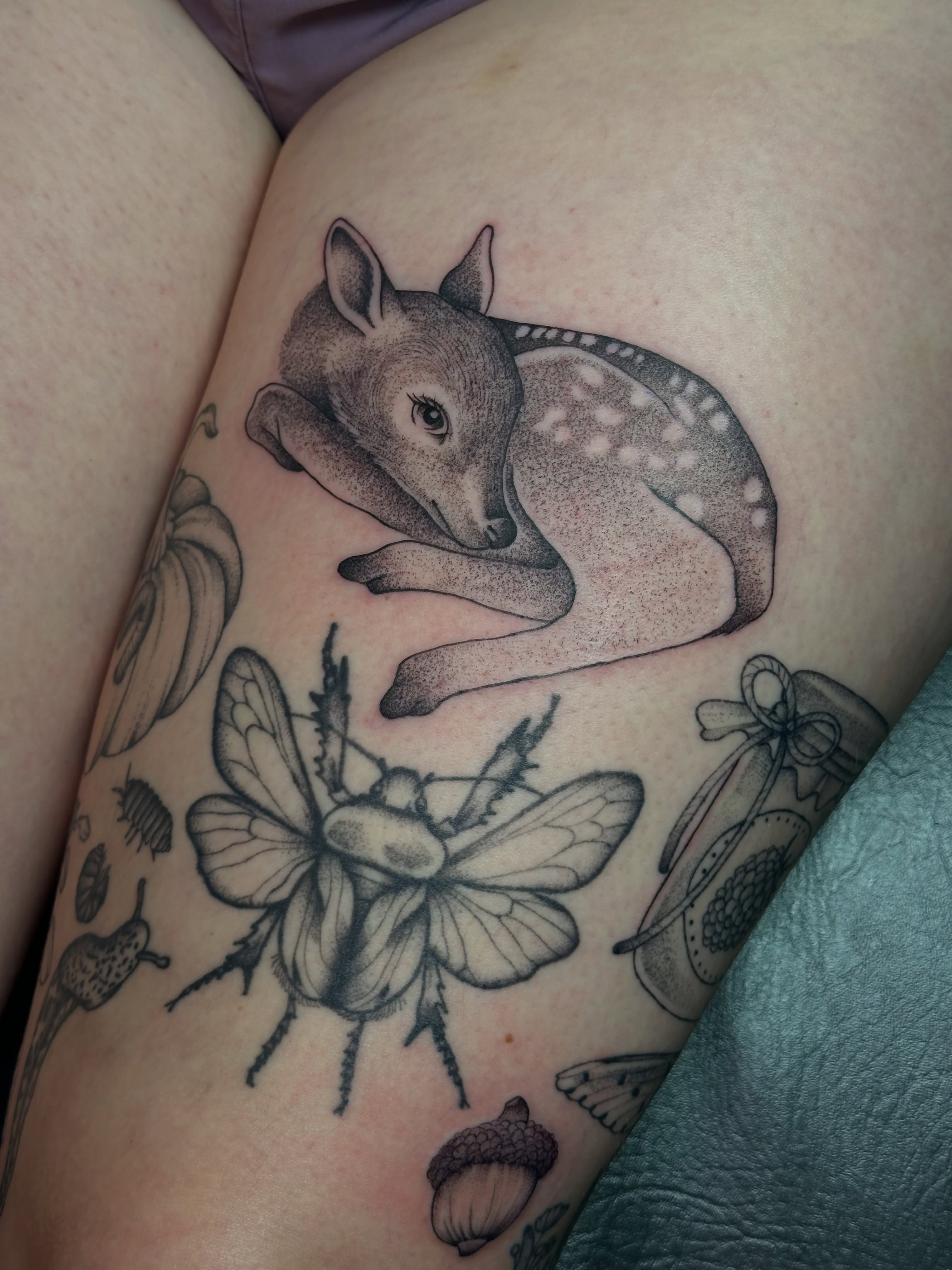 Deer and butterfly dotwork tattoo on the thigh by kennedy :) π±πΏ