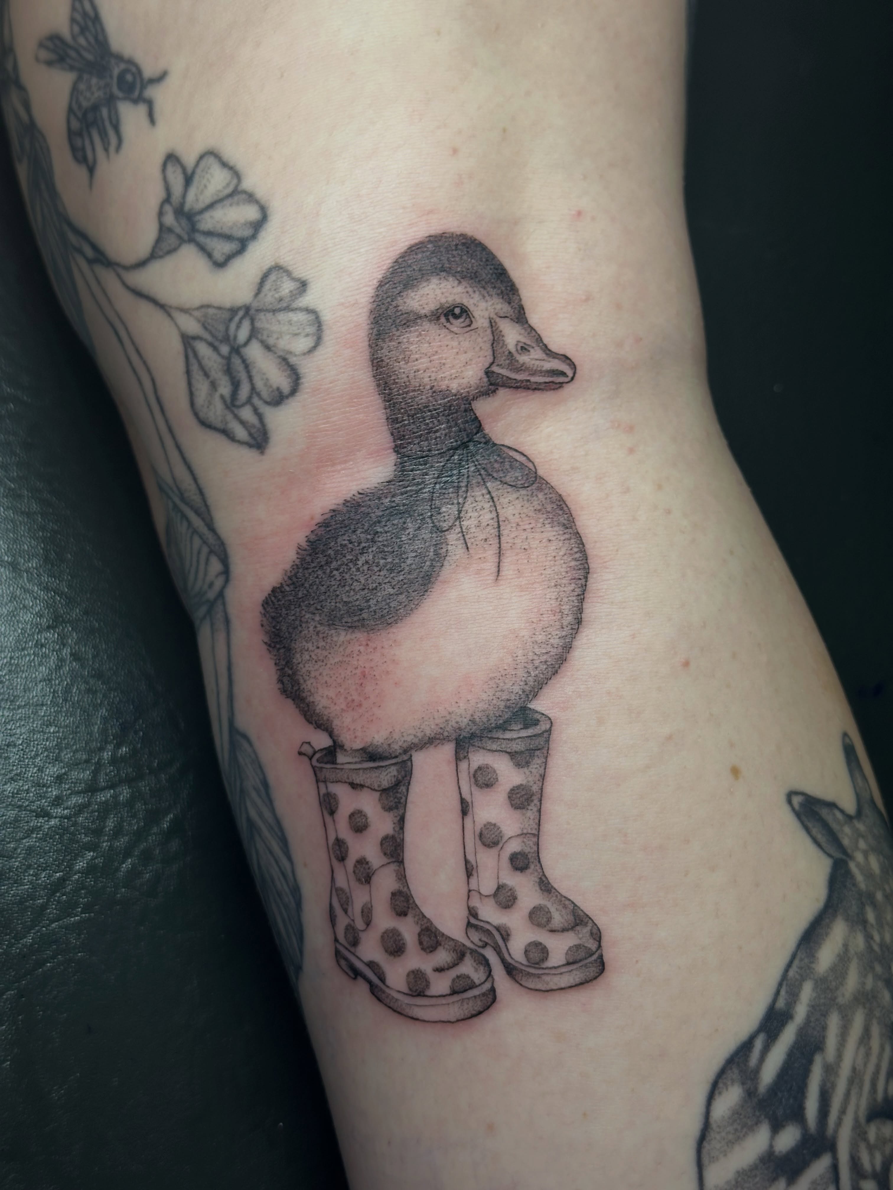 Duck wearing boots dotwork tattoo on the forearm by kennedy :) π±πΏ