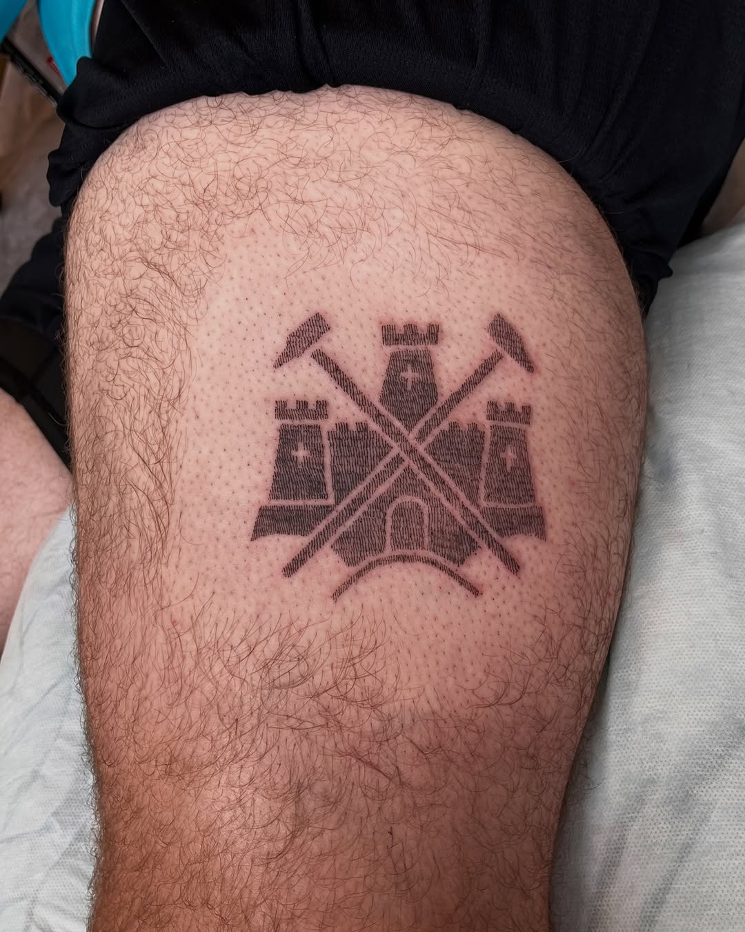 Castle and crossed hammers tattoo on the thigh by Gap⋆head