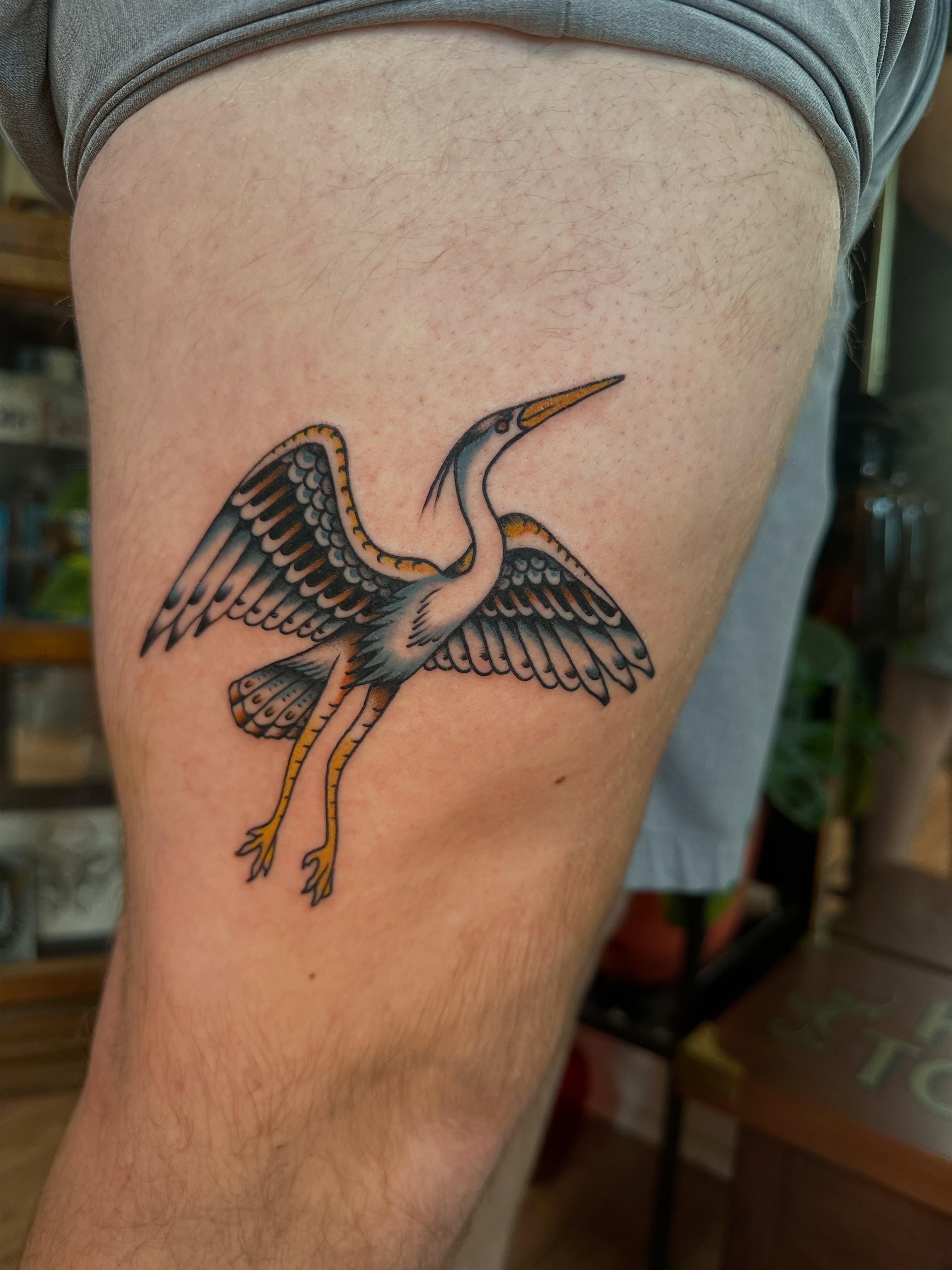 Heron American traditional tattoo on the thigh by Max Peterson