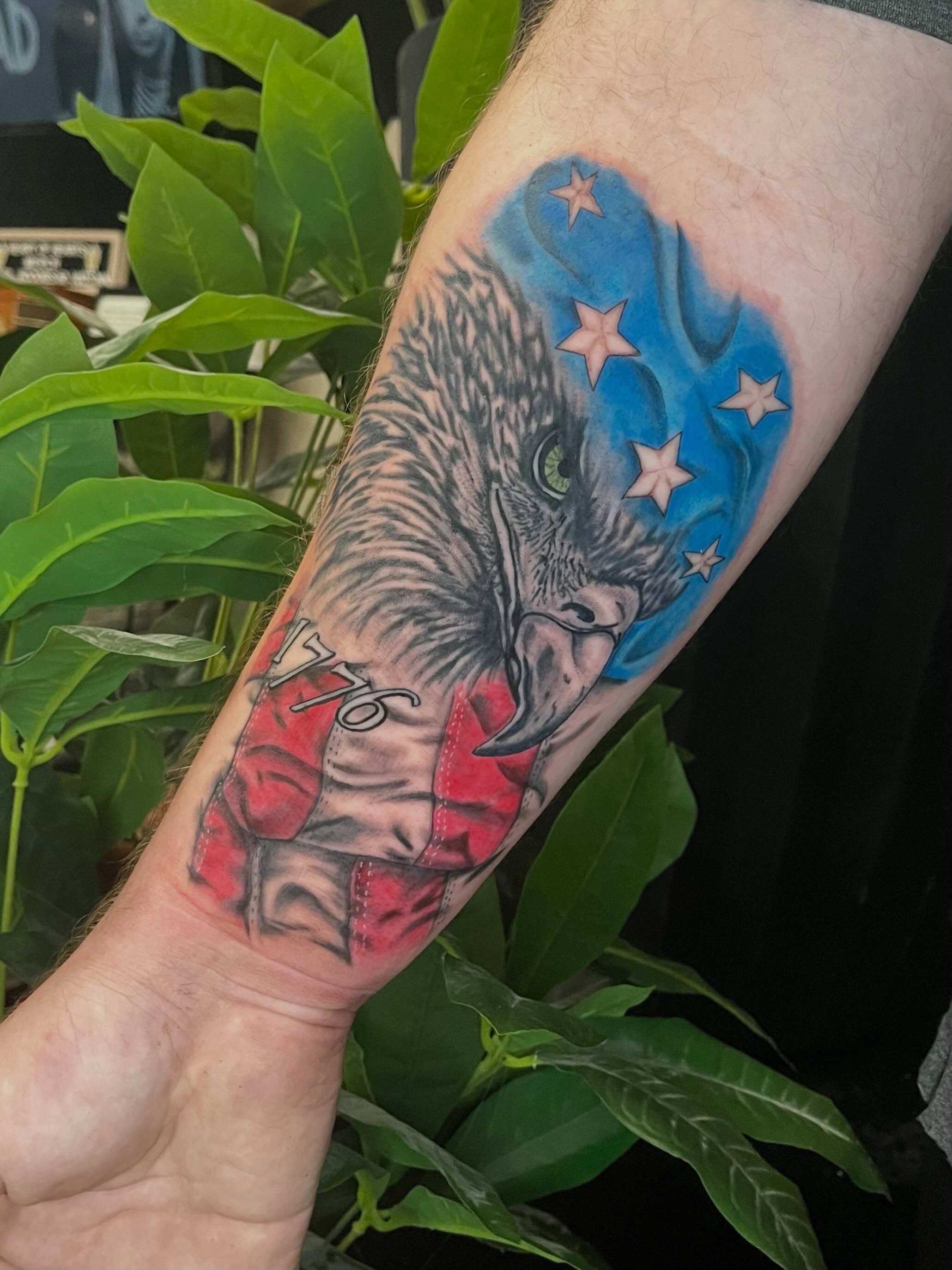 Elephant and stars American traditional tattoo on the forearm by Suzanne B