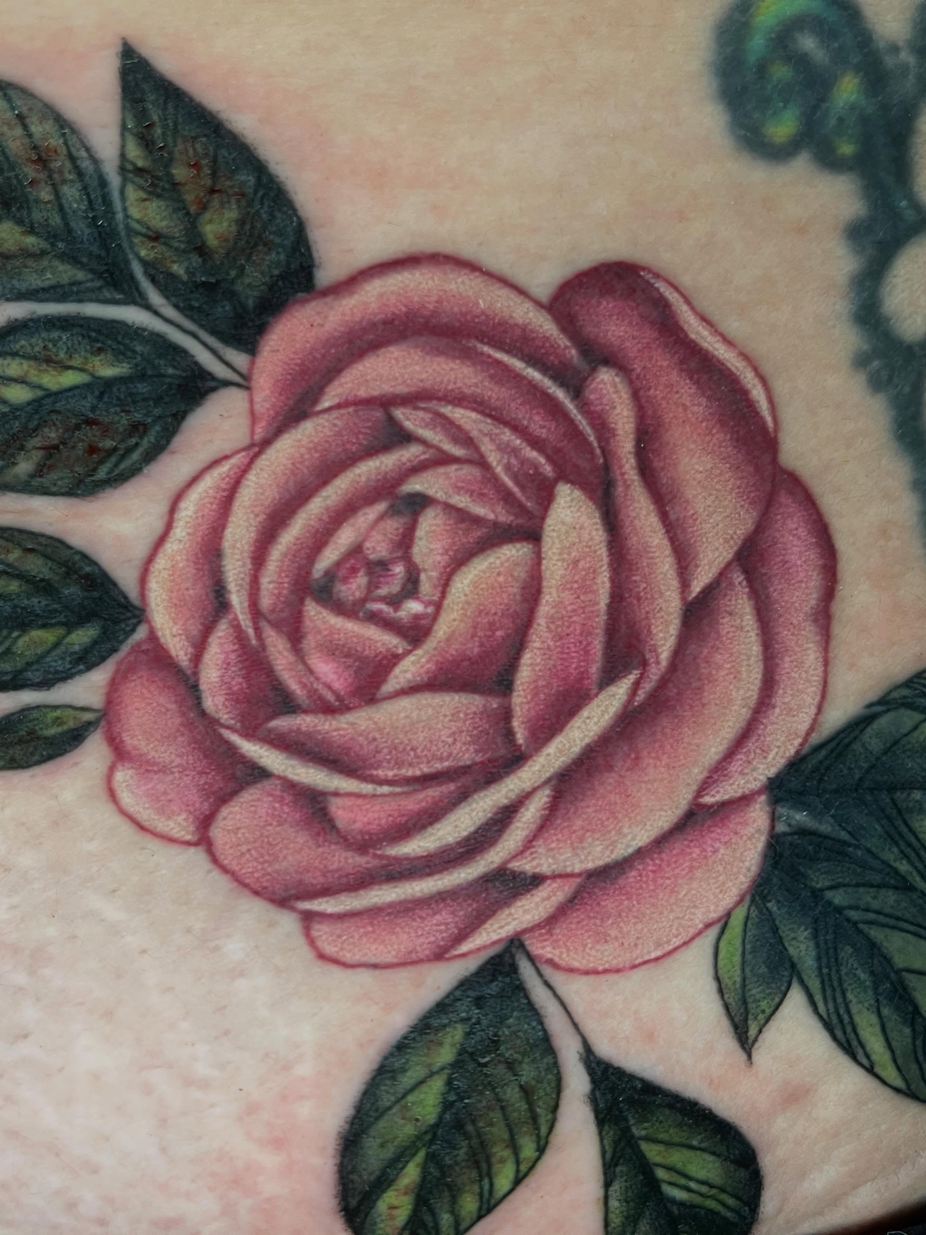 Rose realism tattoo on the upper arm by Suzanne B
