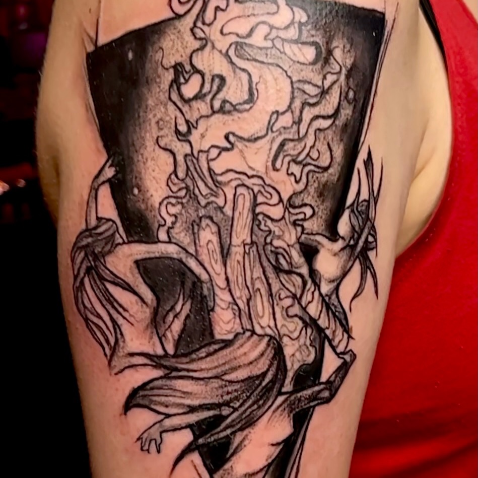 Demon dark realism tattoo on the forearm by Misha Dumois, Seattle, Washington