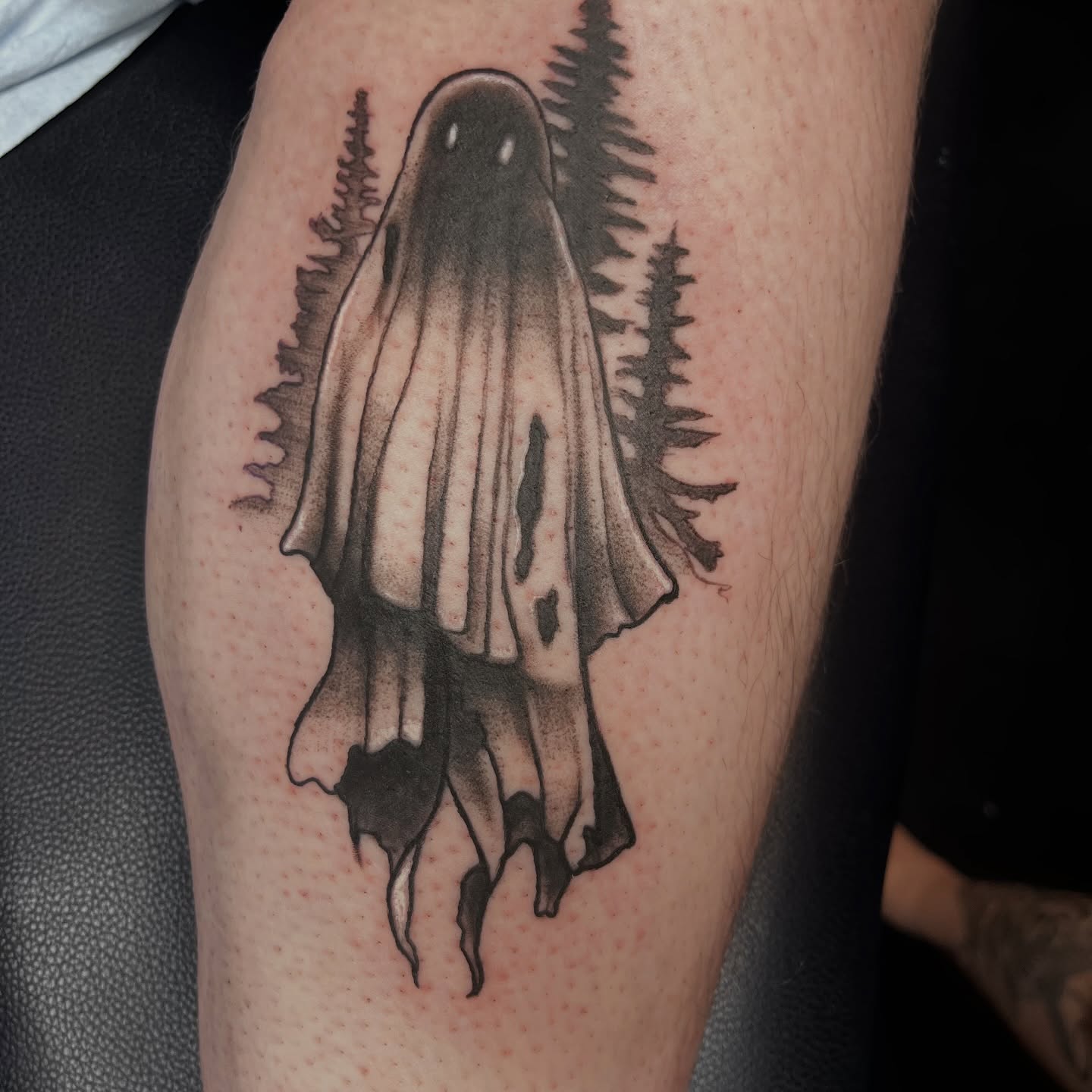 Ghost in forest dotwork tattoo on the forearm by Misha Dumois, Seattle, Washington