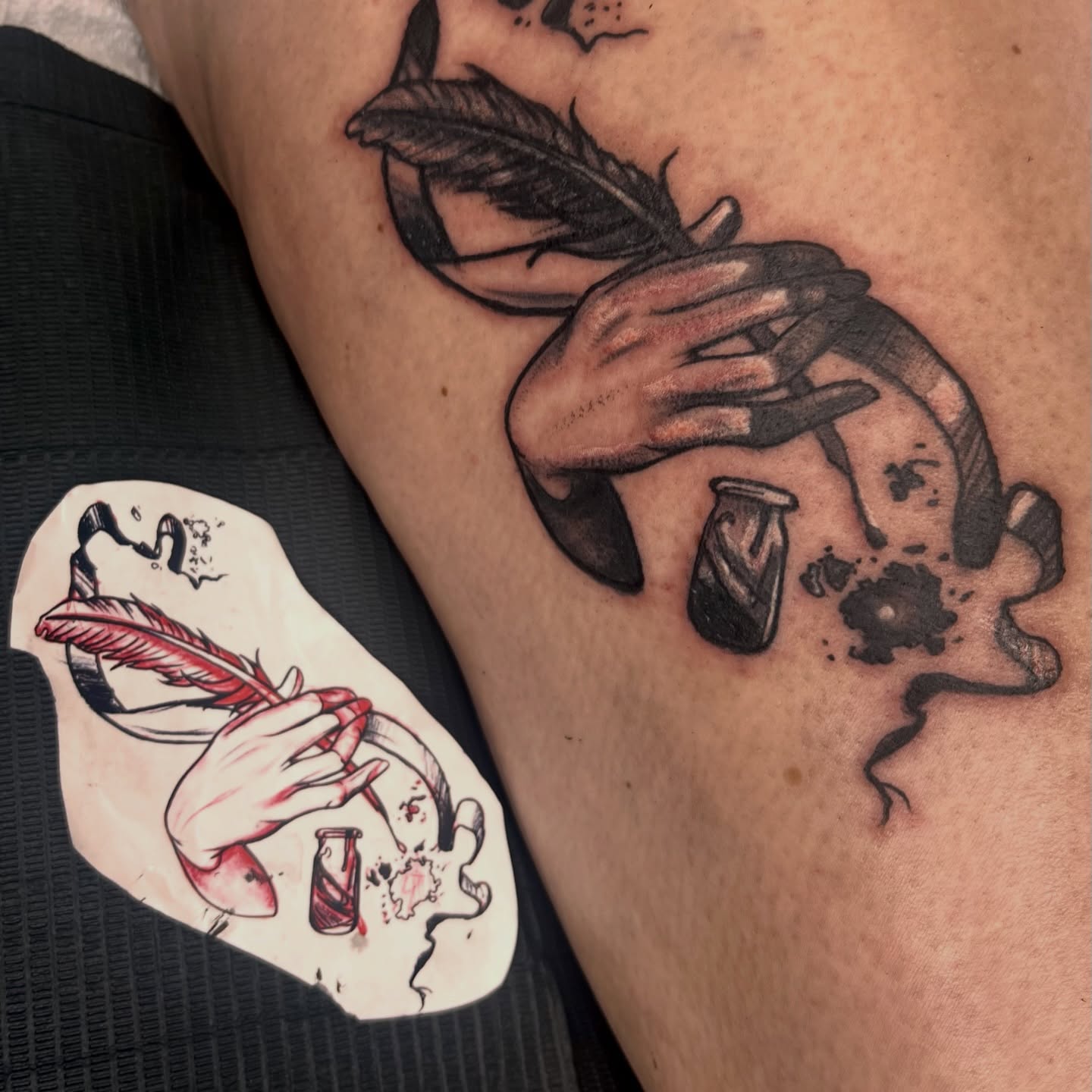 Hand holding feather neo-traditional tattoo on the forearm by Misha Dumois, Seattle, Washington
