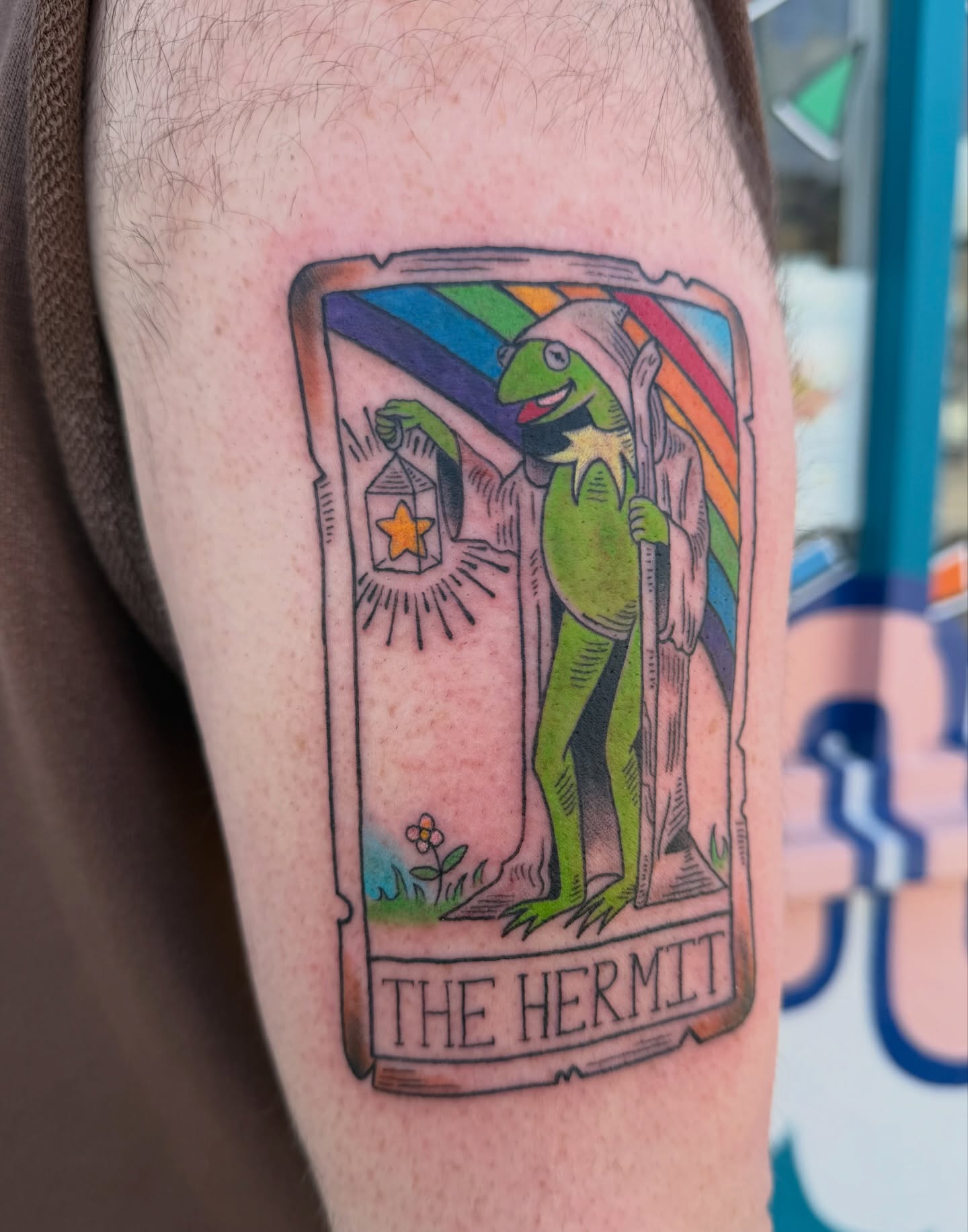 Kermit the frog tarot card illustrative tattoo on the forearm by Roswell Orellana 👽🛸