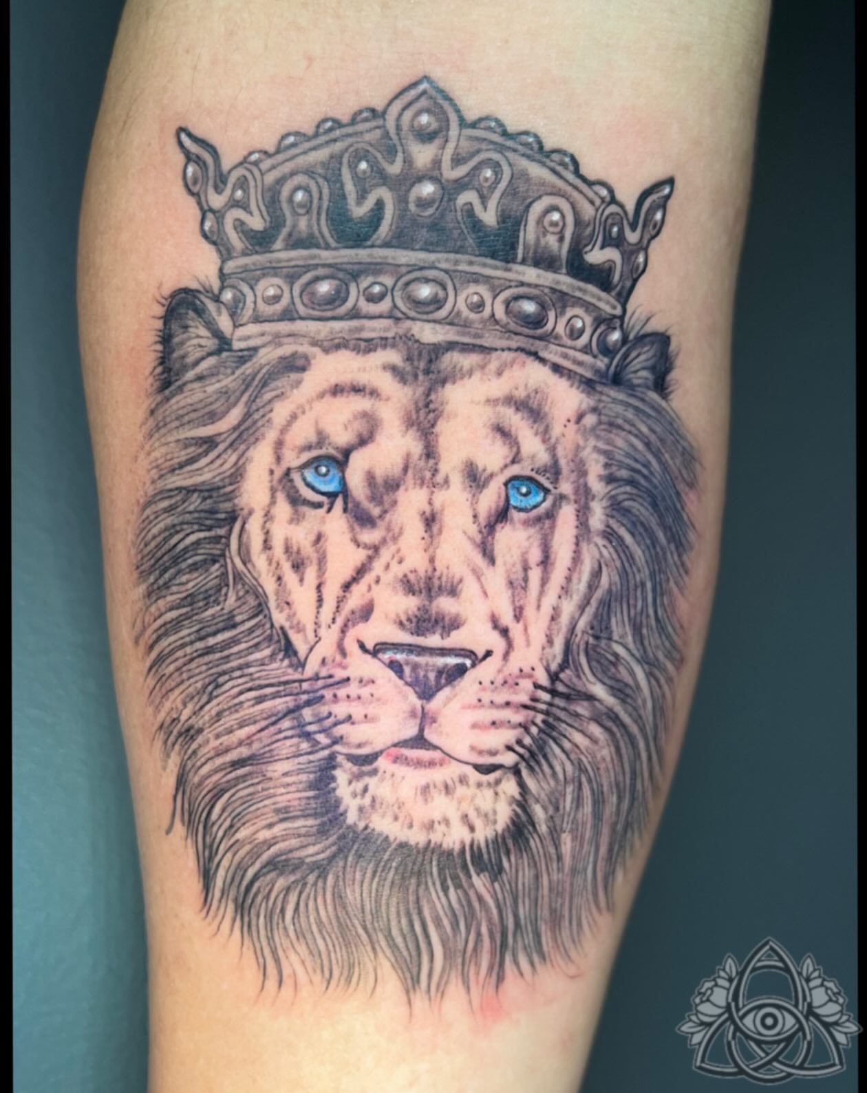 Lion with crown realism tattoo on the forearm by Michael - Tattoo Garden Everett, Everett, Washington