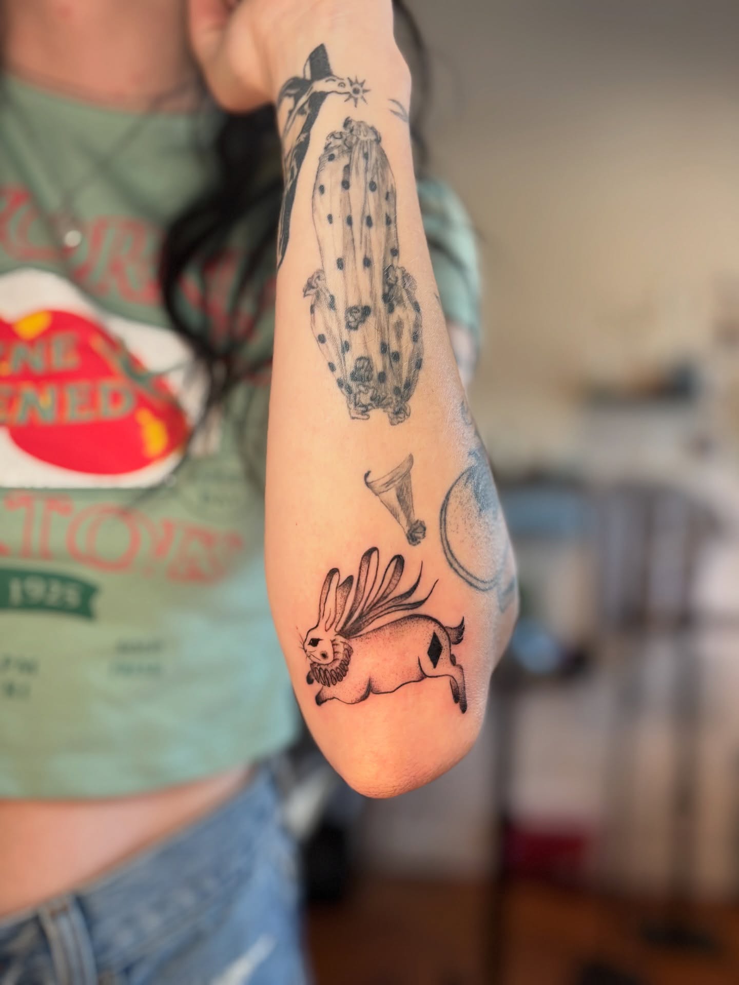 Rabbit with wings dotwork tattoo on the forearm by carla sofia