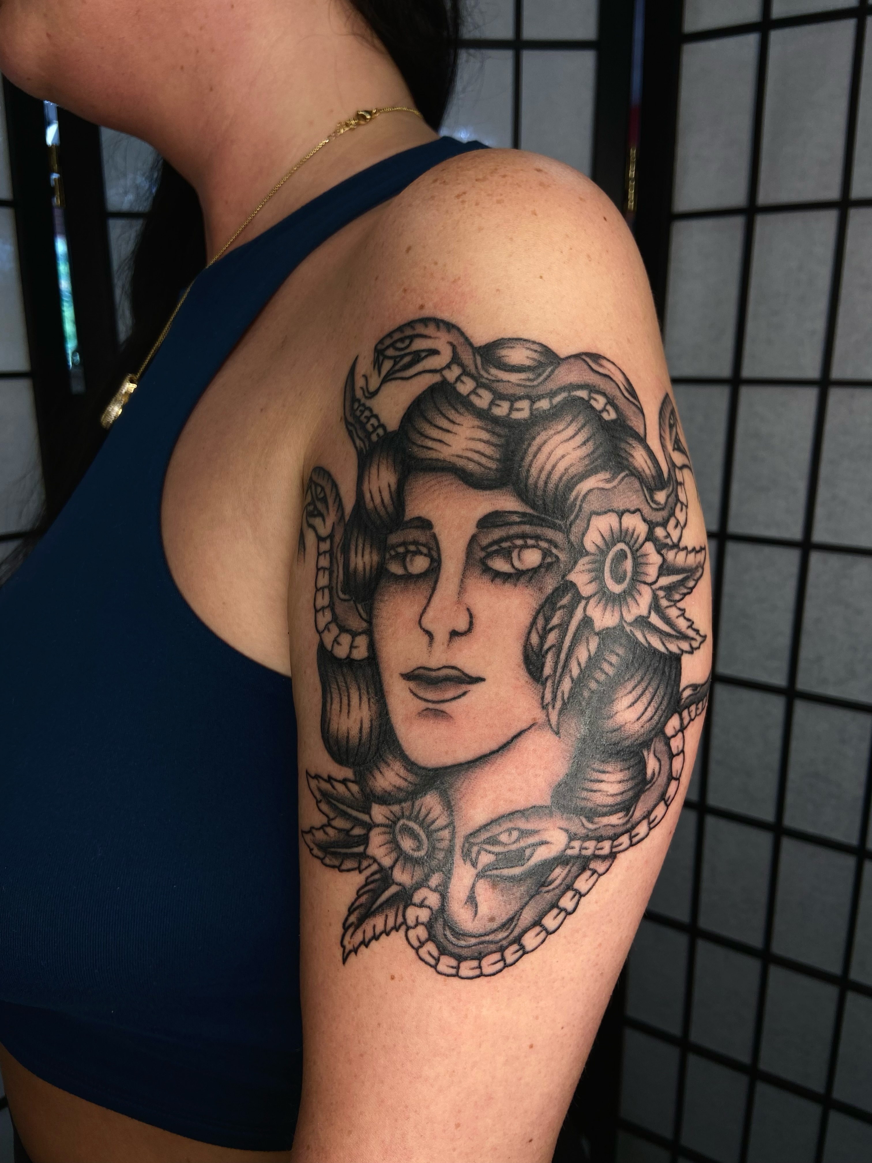 Medusa realism tattoo on the shoulder by R y a n S m i t h