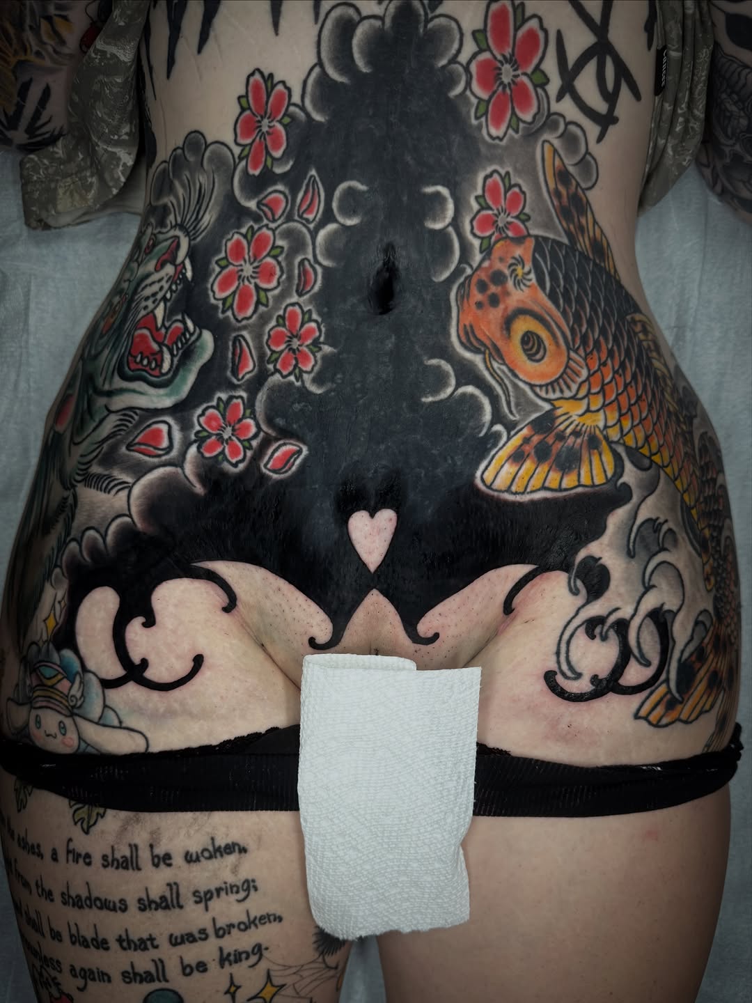 Koi fish, tiger, and cherry blossoms Japanese tattoo on the torso by S C A B B e R W O C K y