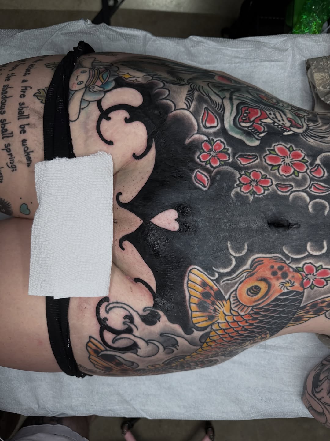 Koi fish and cherry blossoms Japanese tattoo on the thigh by S C A B B e R W O C K y