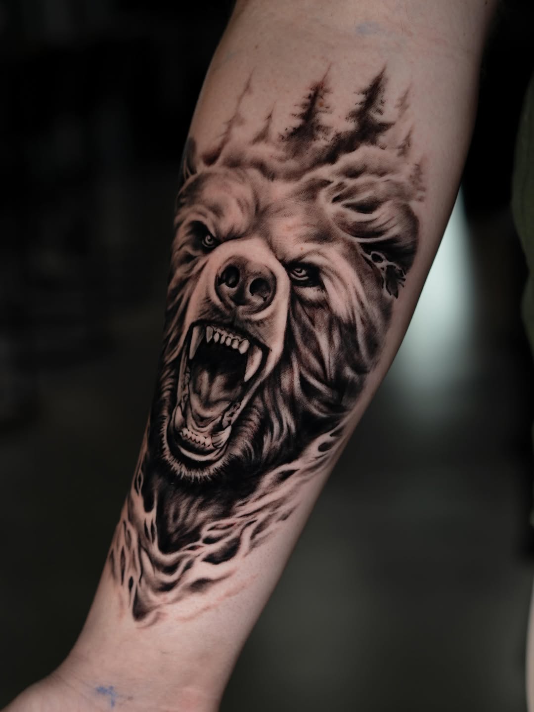 Roaring bear with trees realism tattoo on the forearm by Charlotte Tattoo Artist