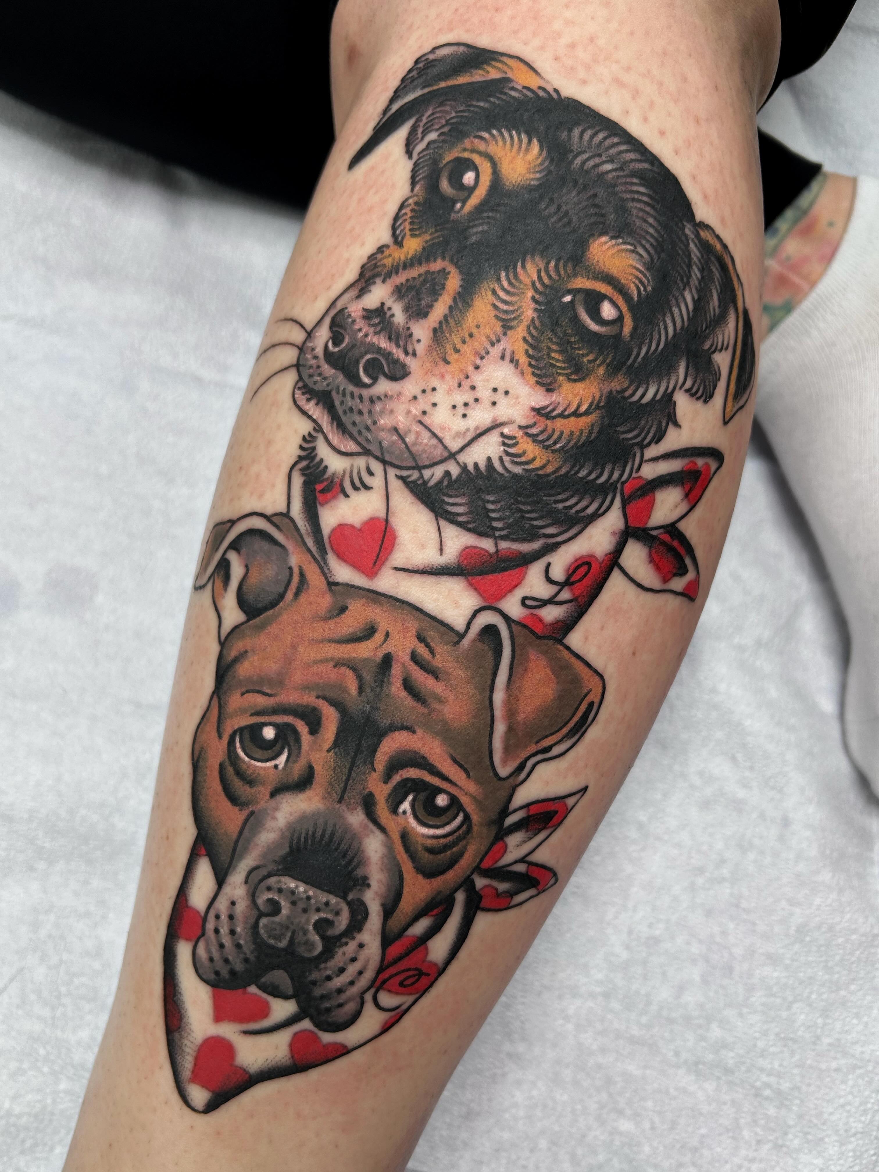 Dogs American traditional tattoo on the forearm by Jade McKenzie, Temecula, California