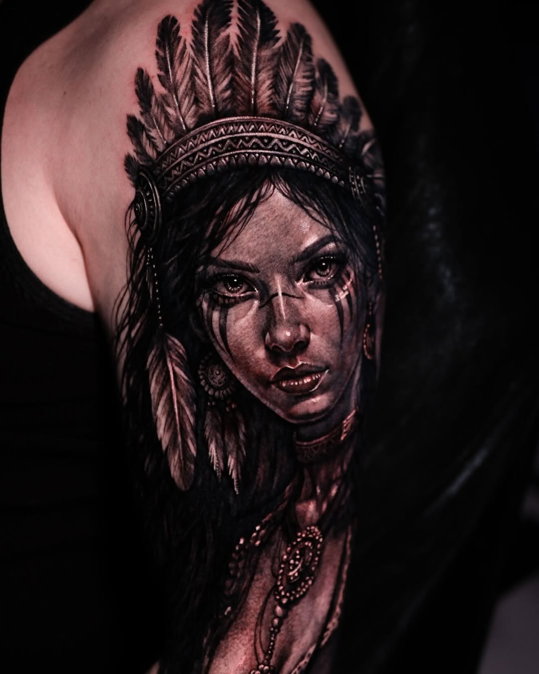 Native American woman portrait realism tattoo on the shoulder by ᴋᴀᴛᴇ