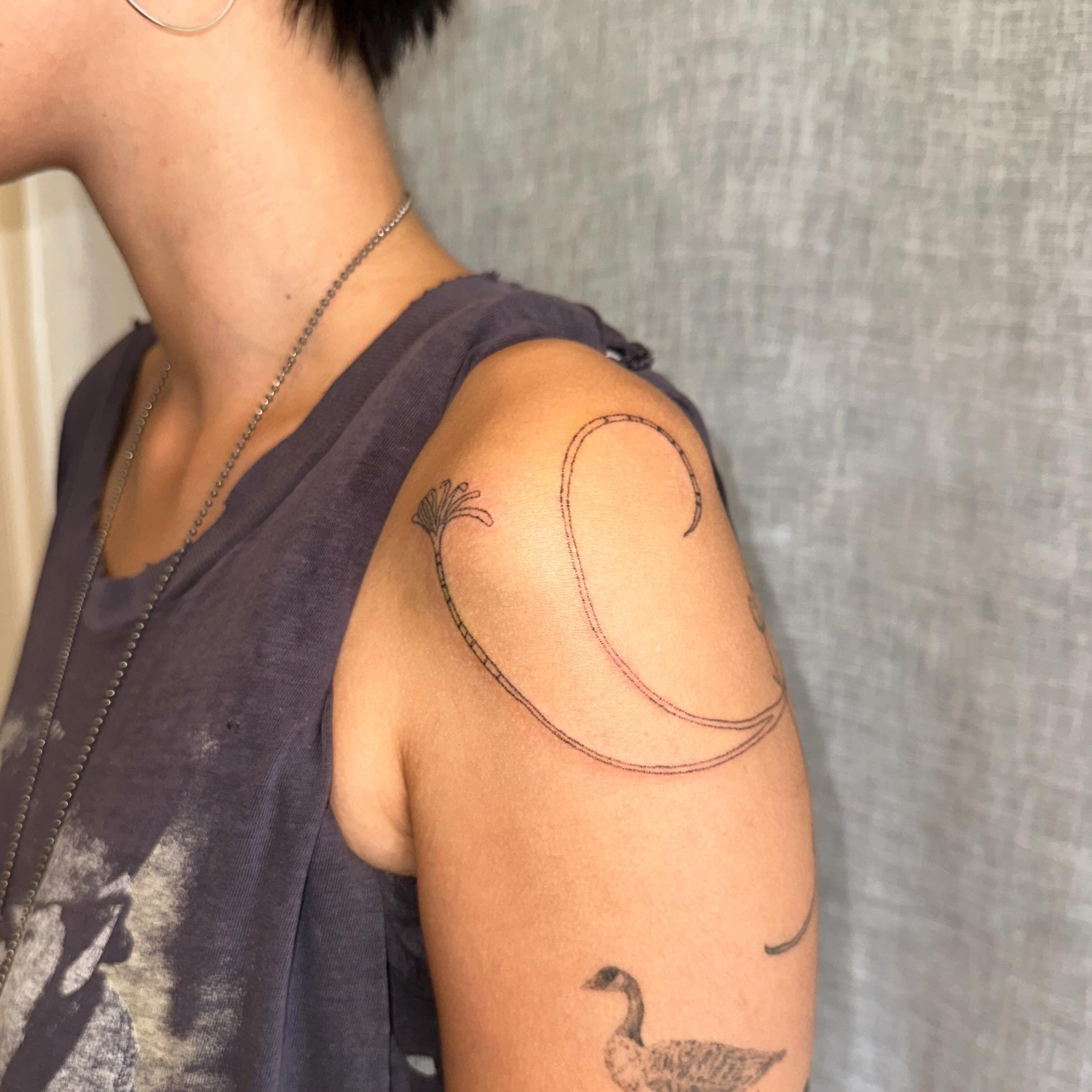 Geese and abstract shapes black and grey tattoo on the shoulder by kate