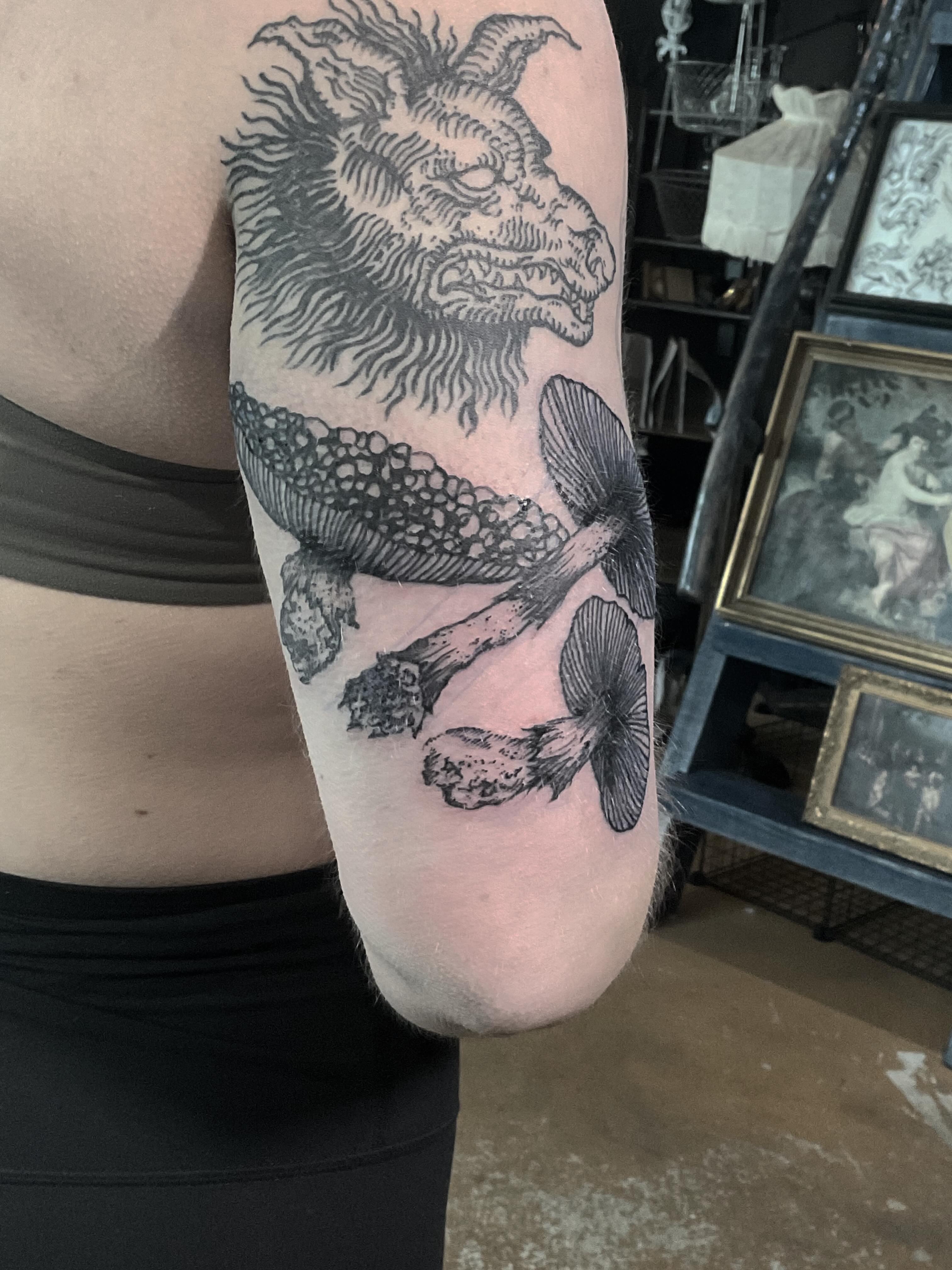 Goat and mushrooms black and grey tattoo on the forearm by ๐ญ๐๐๐๐