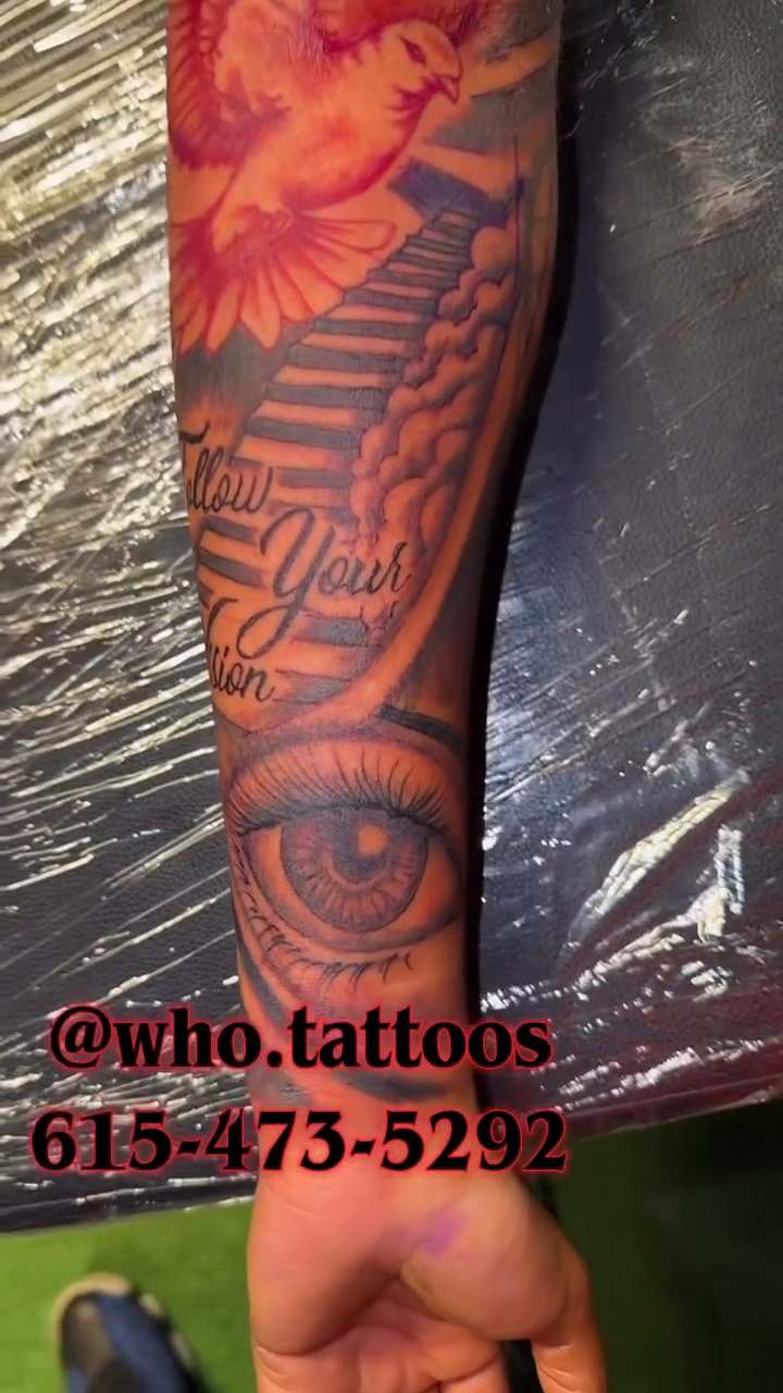 Dove with stairs and eye Chicano tattoo on the forearm by Marcus Carter