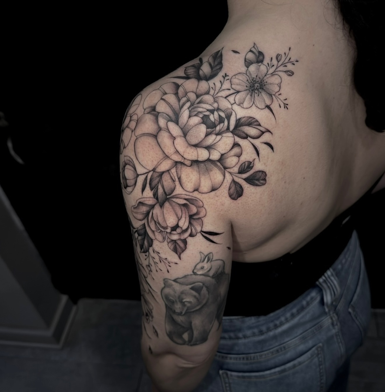 Floral bouquet realism tattoo on the shoulder by Mel K Lockett - Nashville Tattoo Artist