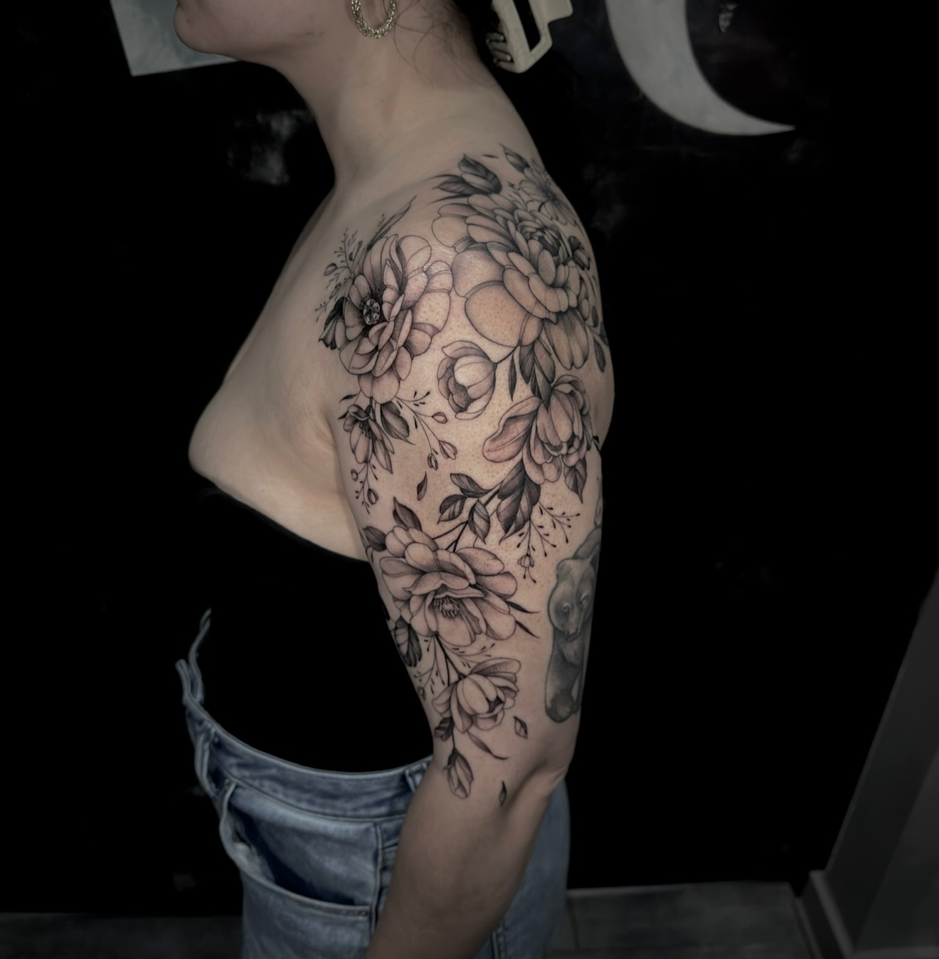 Floral bouquet black and grey tattoo on the shoulder by Mel K Lockett - Nashville Tattoo Artist
