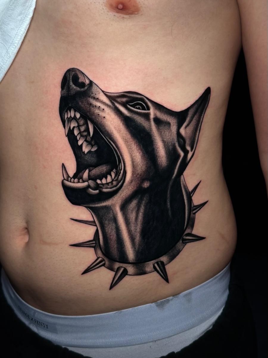 Dog head realism tattoo on the ribs by Exis LHinc, Miami, Florida