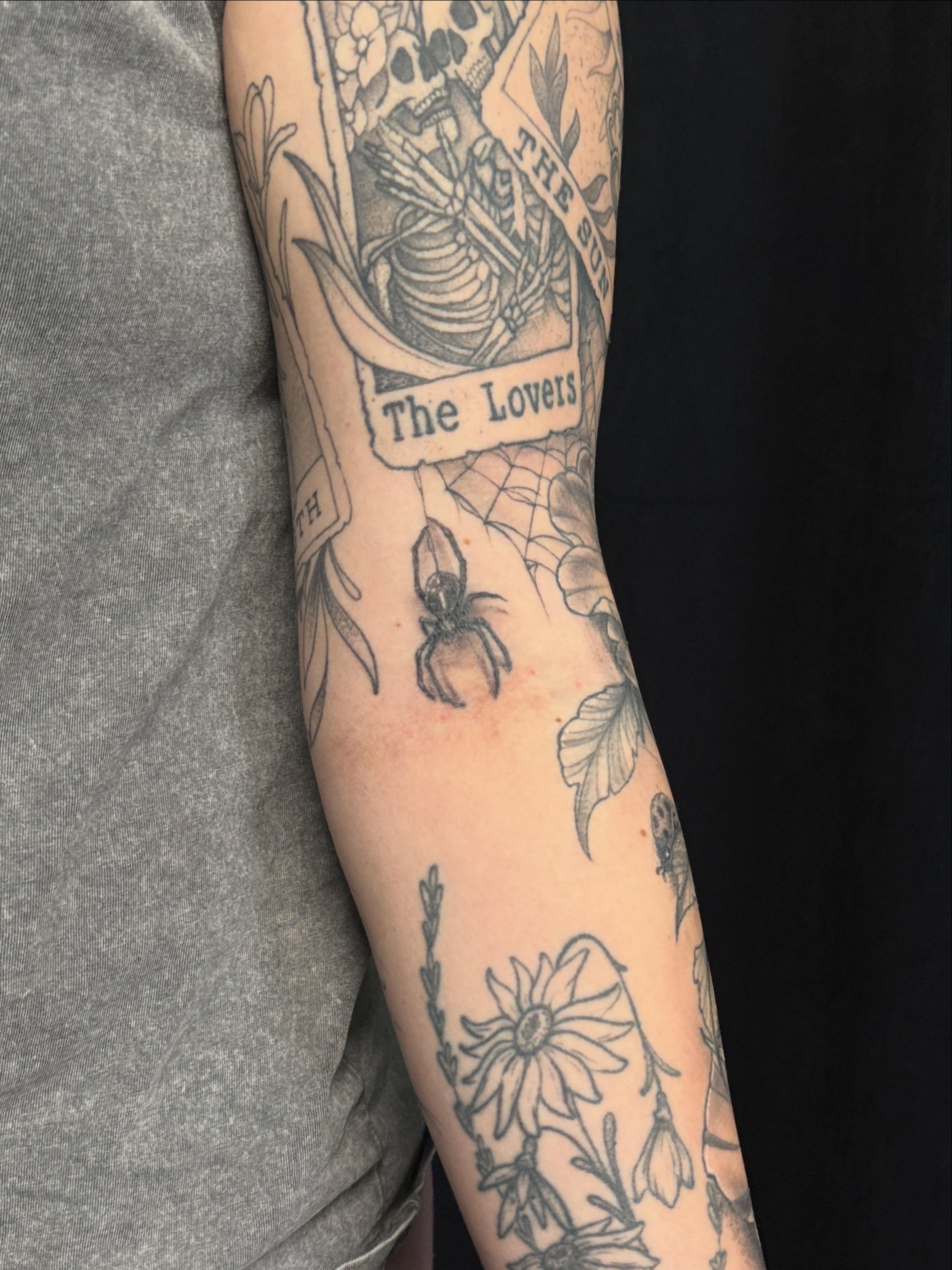 The lovers tarot card black and grey tattoo on the forearm by Will McCoy (Tattooist), Murray, Utah