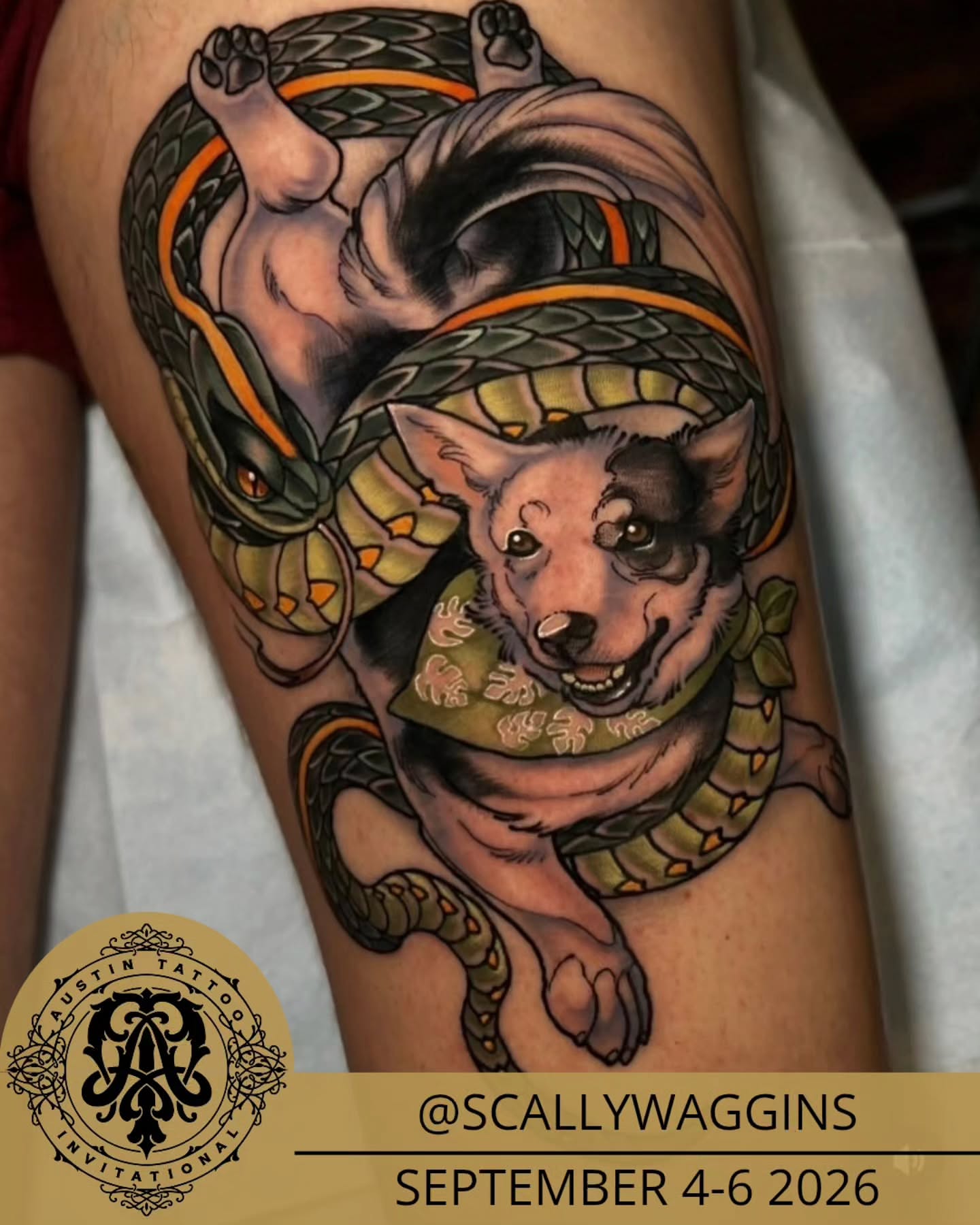 Dog with snake American traditional tattoo on the thigh by Jen Love