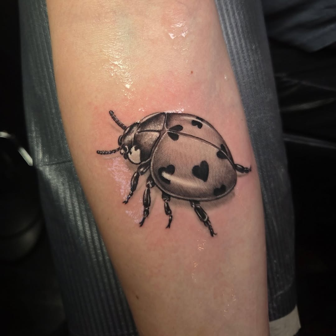 Ladybug with heart spots fine line tattoo on the forearm by Jake Goss, Salt Lake City, Utah