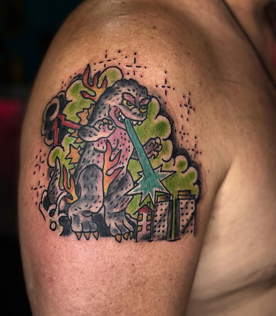 Monster American traditional tattoo on the shoulder by @brocks_tatt_attic_, New Orleans, Louisiana