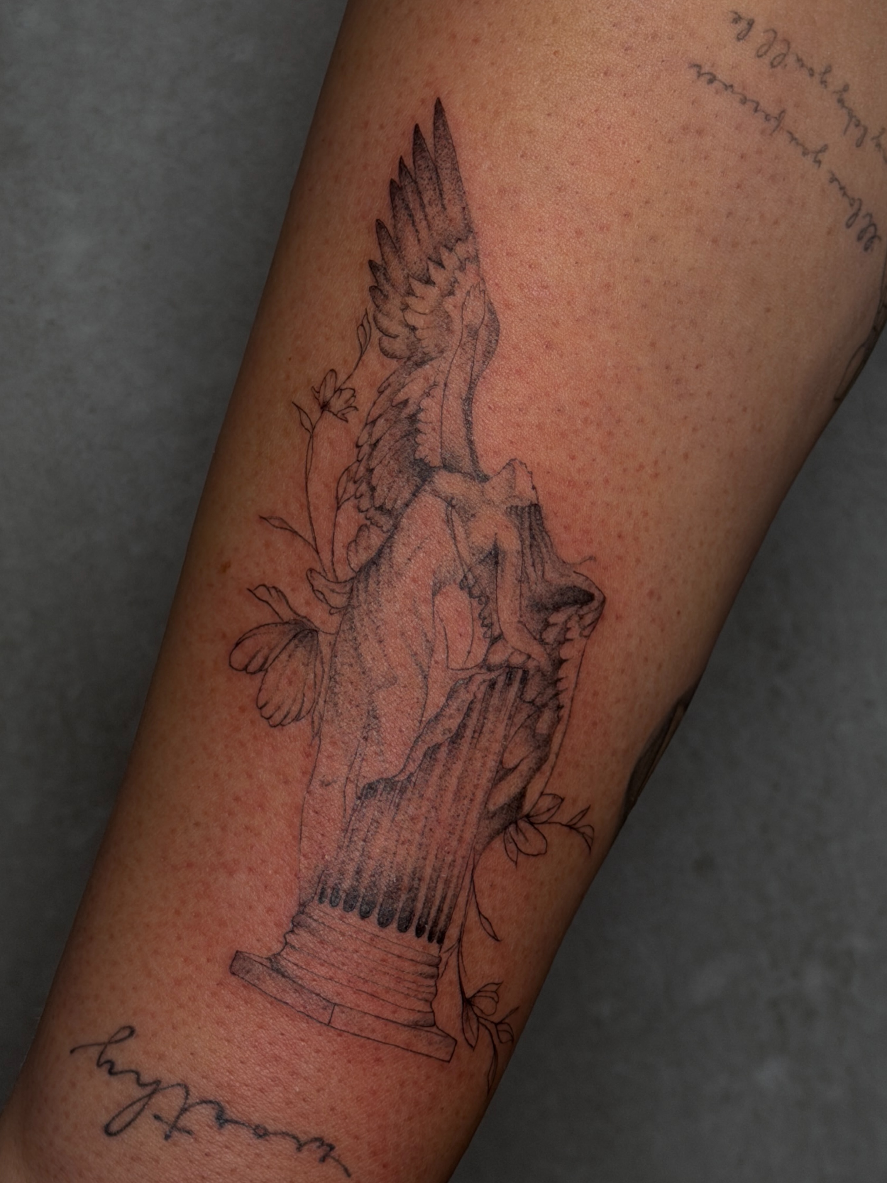 Statue with wings realism tattoo on the forearm by 𝙸𝚗𝚔𝚊𝚗𝚍𝚕𝚒𝚕𝚢𝚜 🤎💉🐻🌸