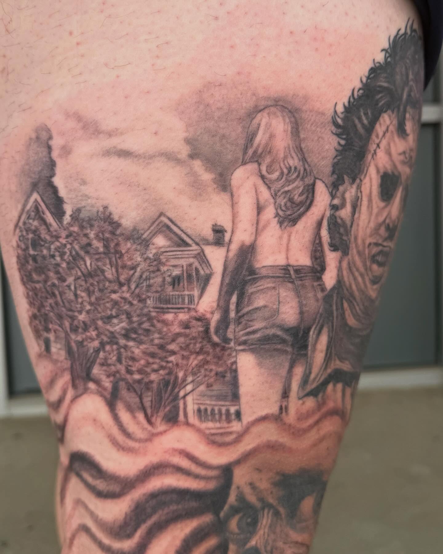 Woman standing realism tattoo on the thigh by Jesse Gray
