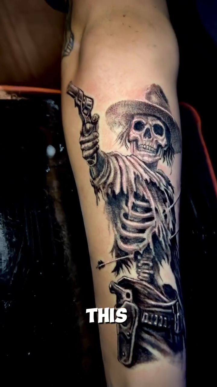 Skeleton cowboy with guns realism tattoo on the forearm by Jarrod Gatzke