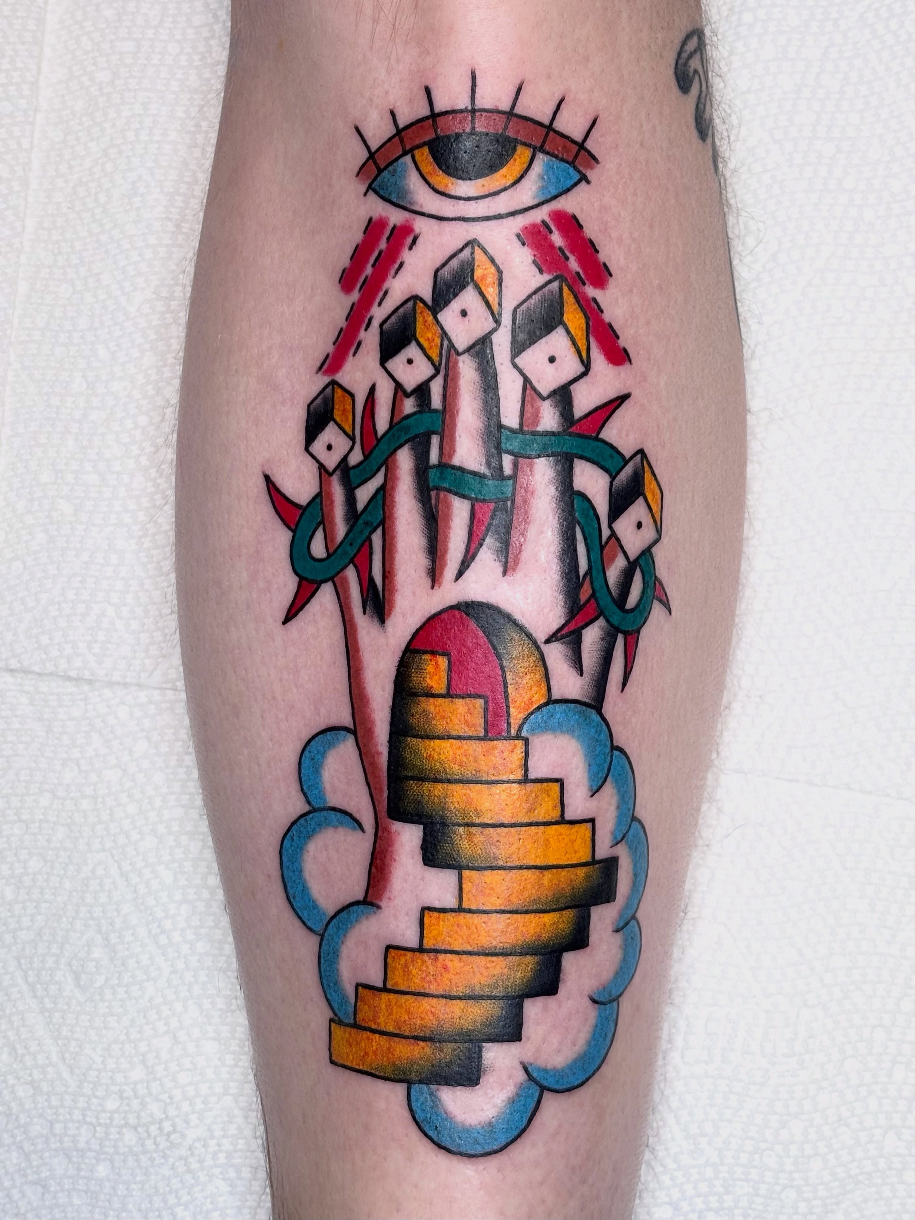 Eye and geometric shapes American traditional tattoo on the forearm by ★ ★ ★ Matt Reinstone ★ ★ ★