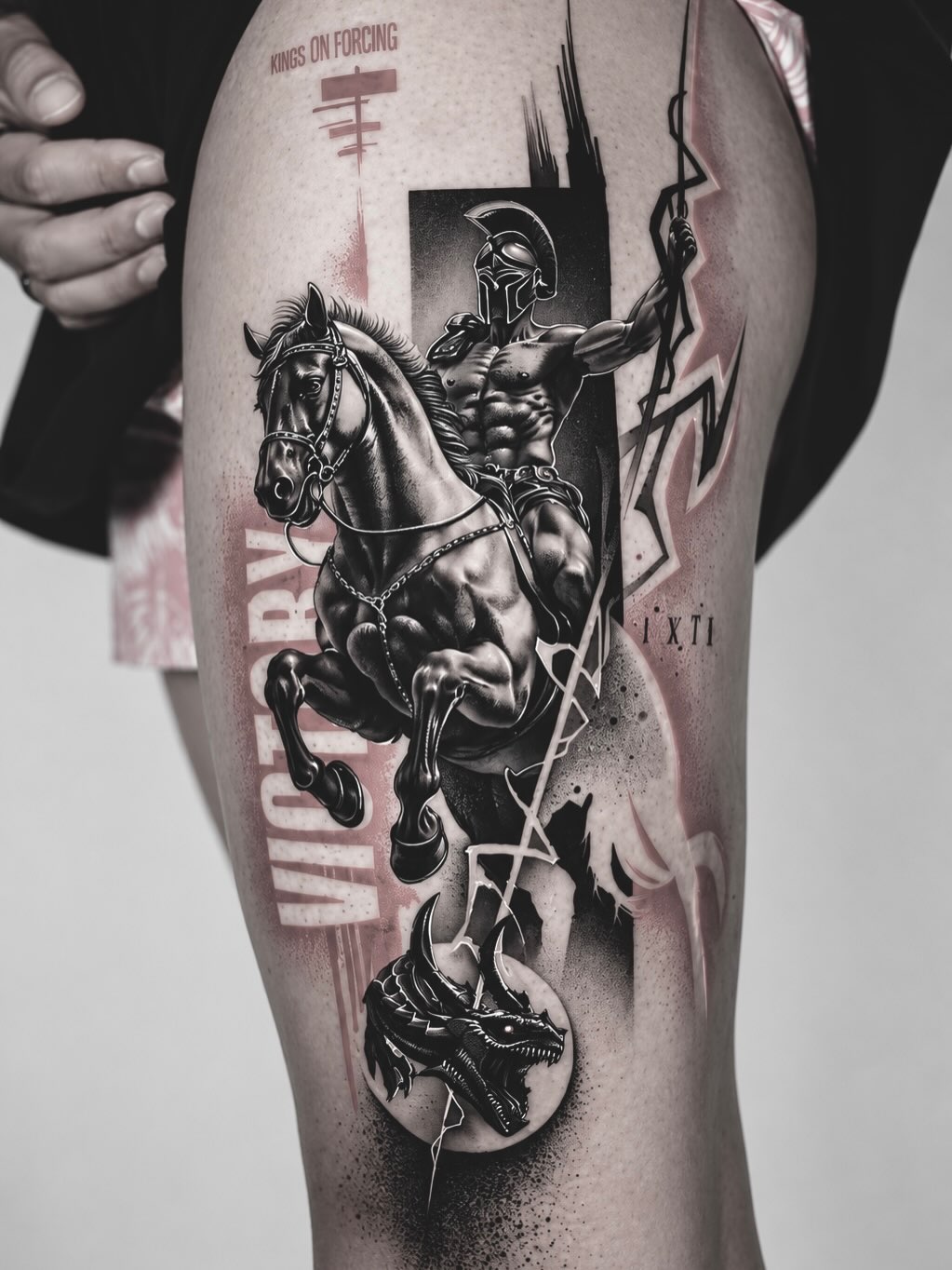 Spartan warrior on horseback with dragon realism tattoo on the thigh by mia's tattoo, Los Angeles, California