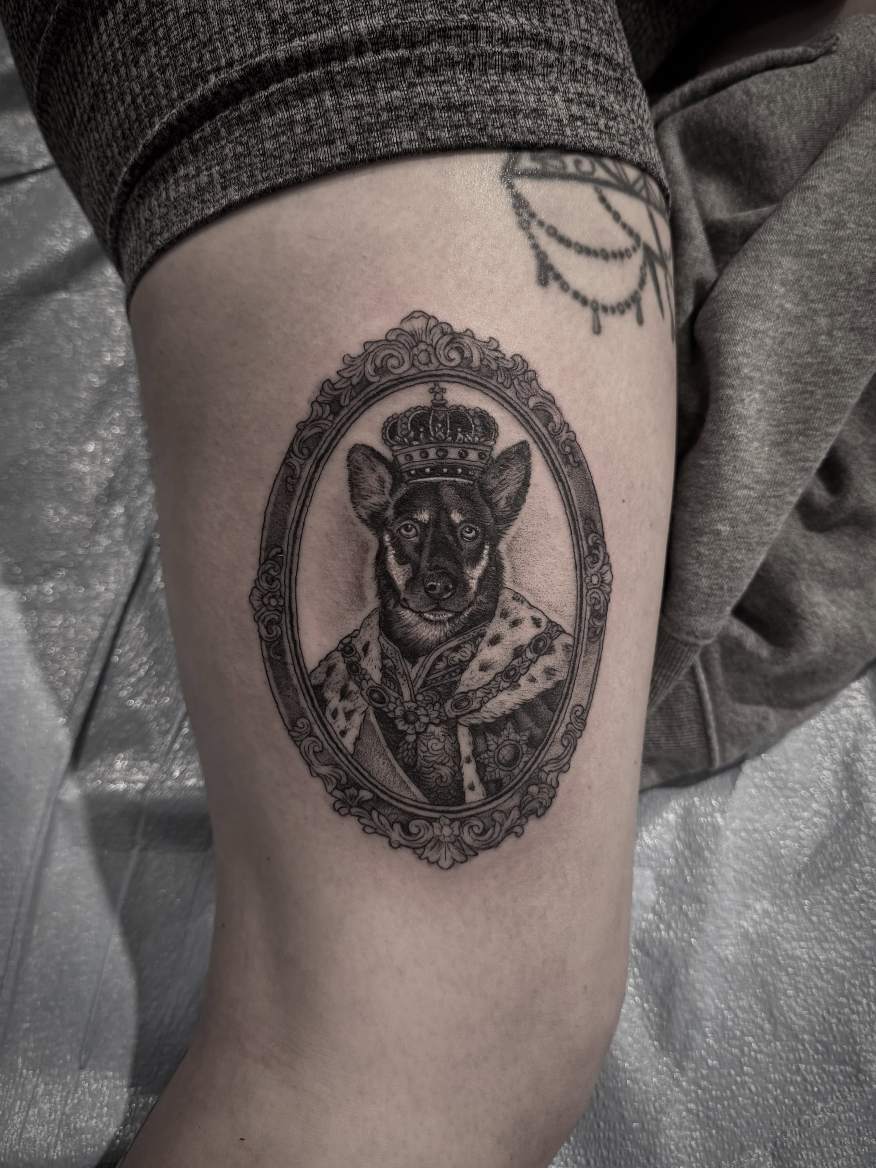 Dog portrait realism tattoo on the thigh by Bethbeforedishonor, Rochester, New York