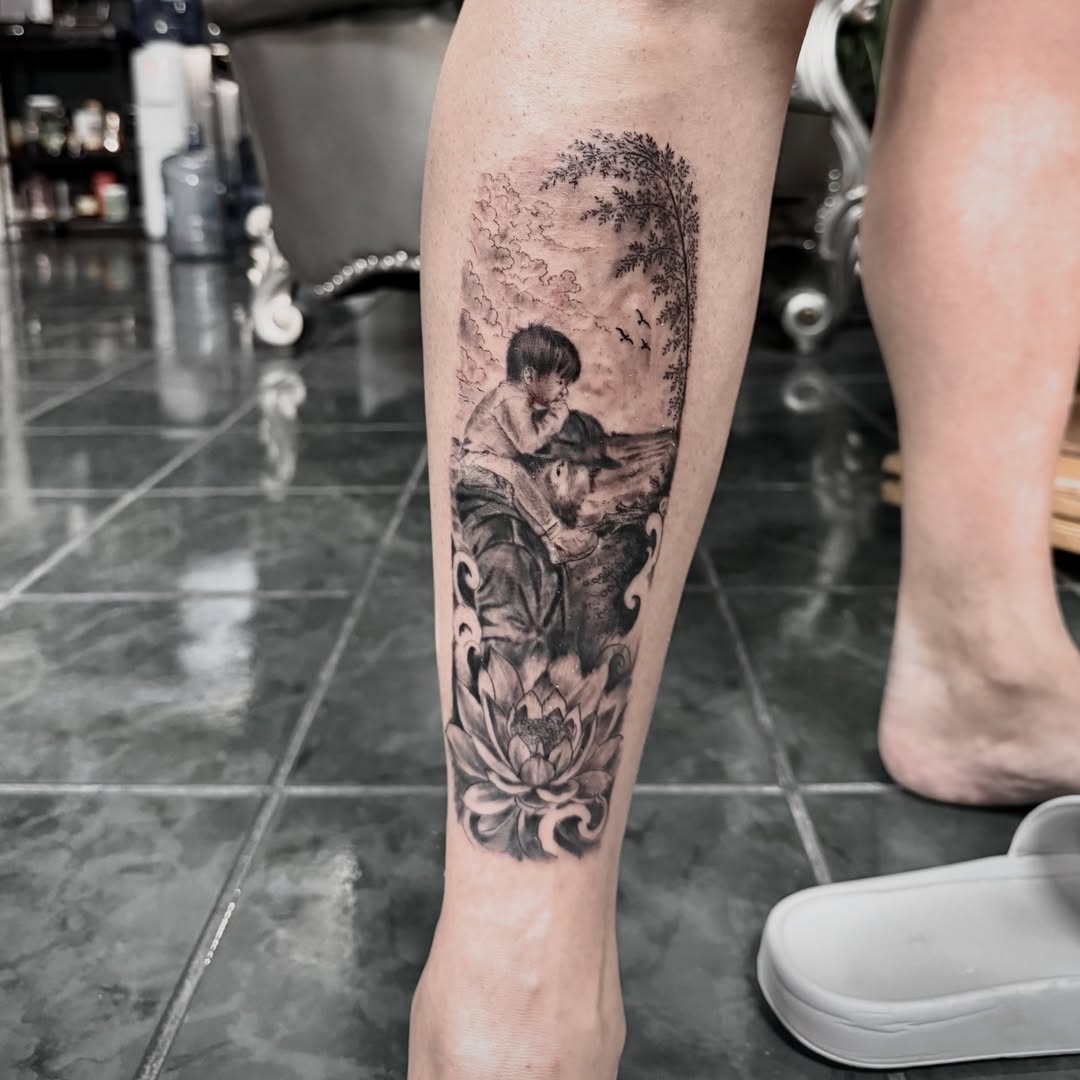 Child and adult realism tattoo on the calf by Healoha “Lindelle” Kamanu