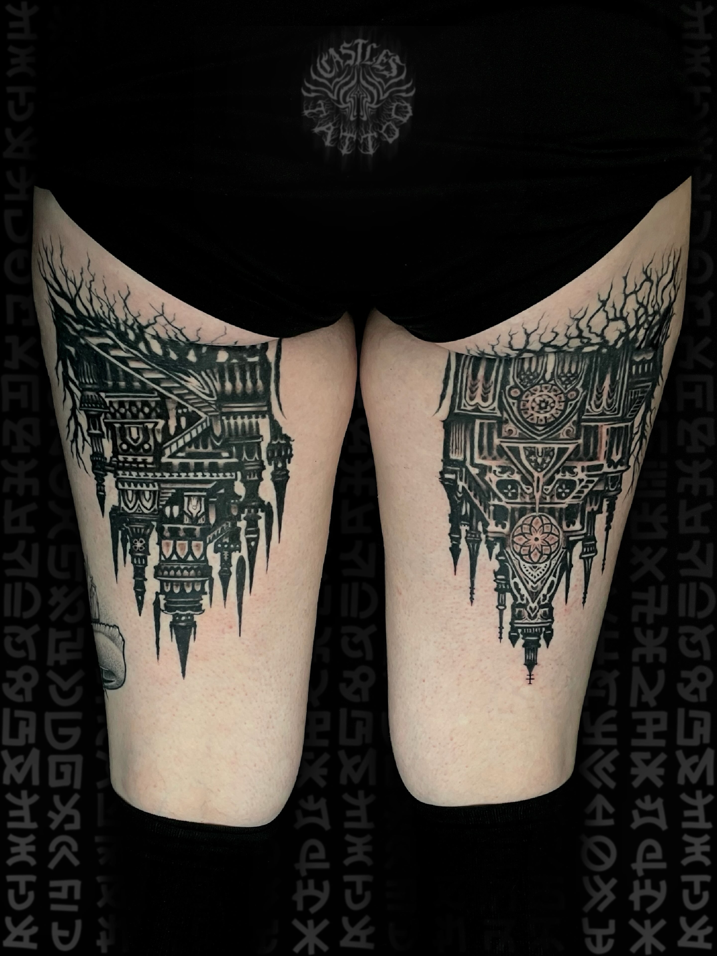 Gothic architecture geometric tattoo on the thigh by Erin Portland Tattoo Artist