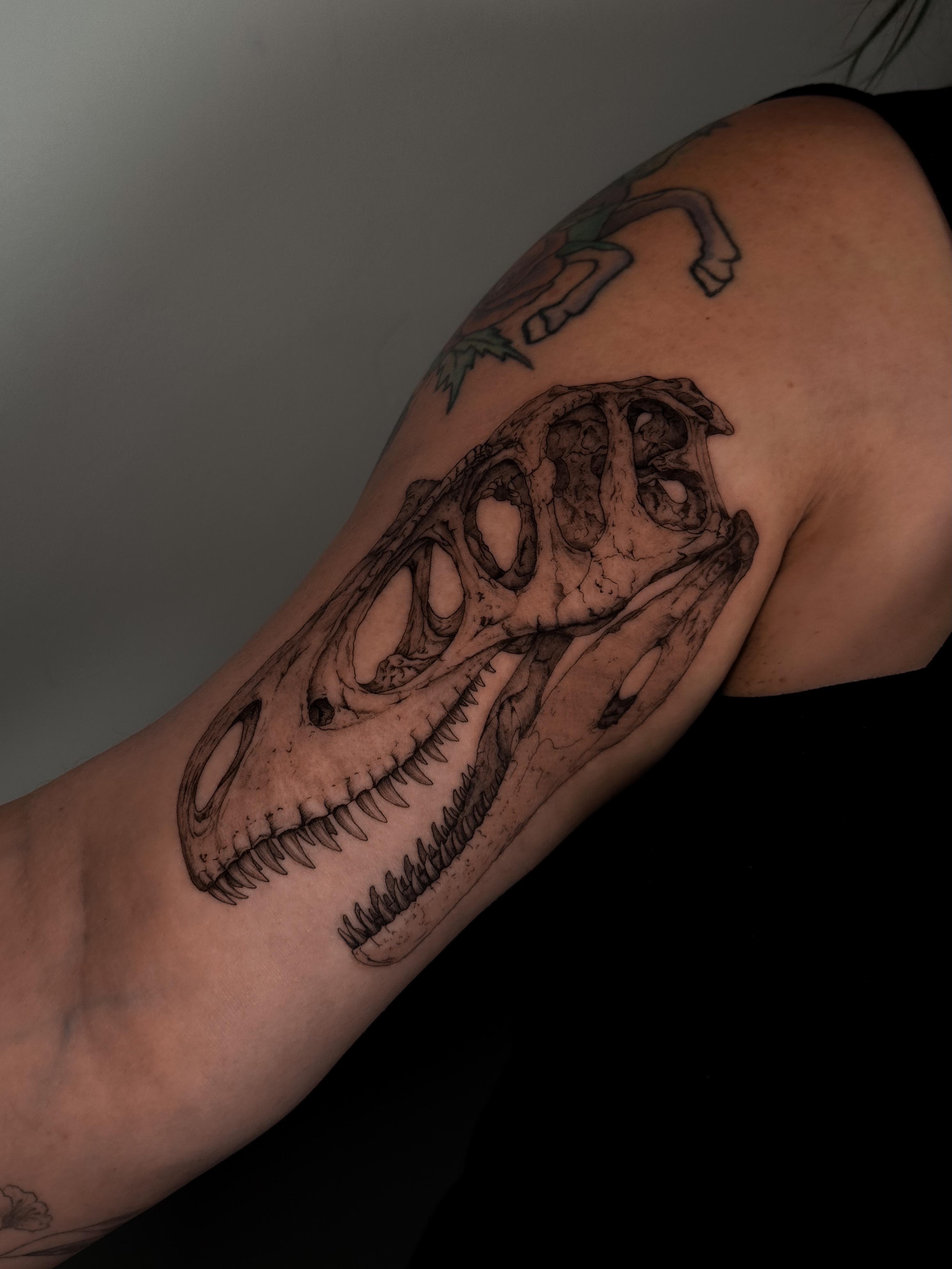 Dinosaur skull realism tattoo on the forearm by Caroline + Utah Tattoo Artist
