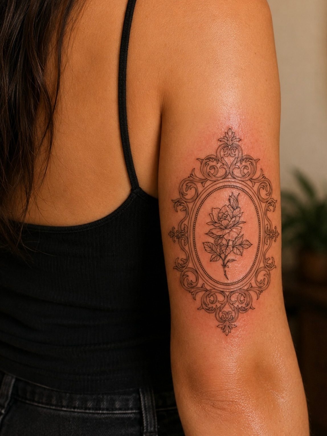 Rose in ornate frame ornamental tattoo on the forearm by JAmy Winters