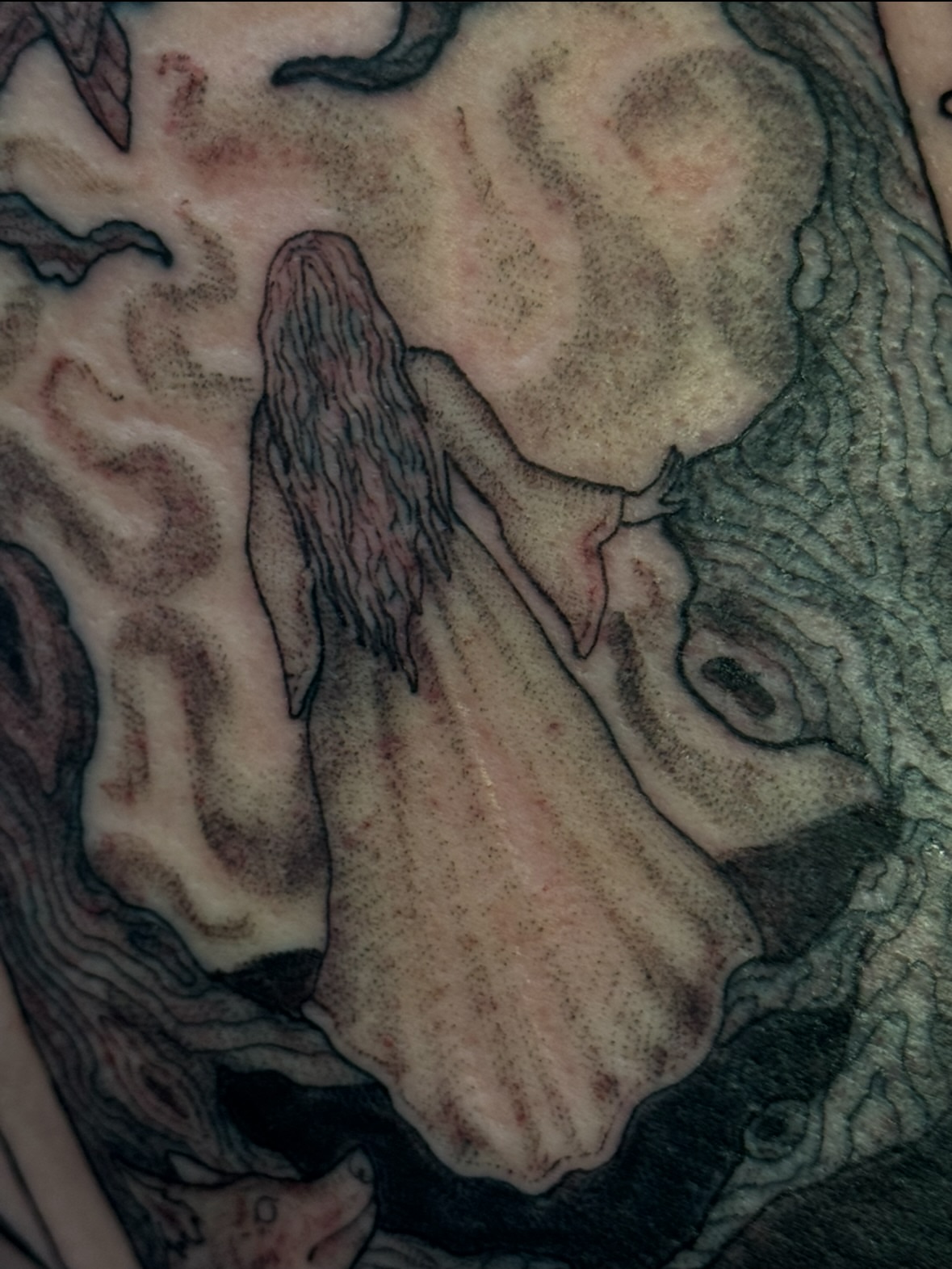 Kissing couple dotwork tattoo on the torso by jess jené jones, Portland, Oregon