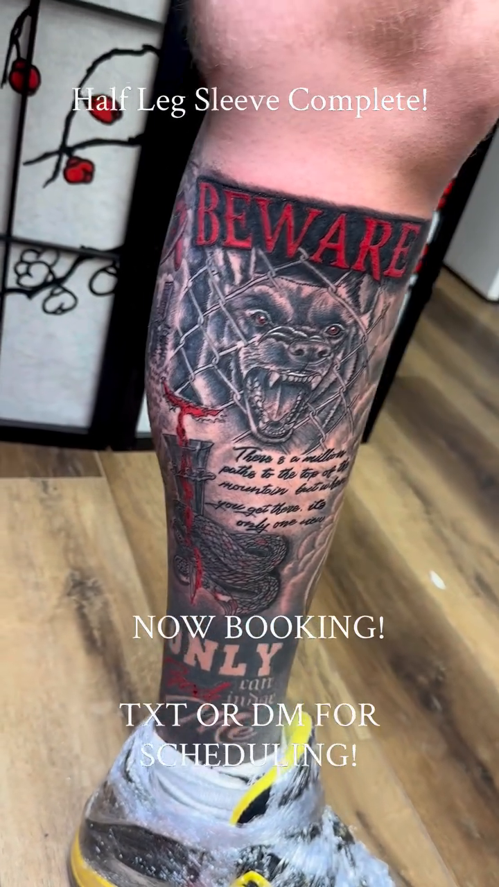 Tiger head with text and snake realism tattoo on the calf by Sk Pierce