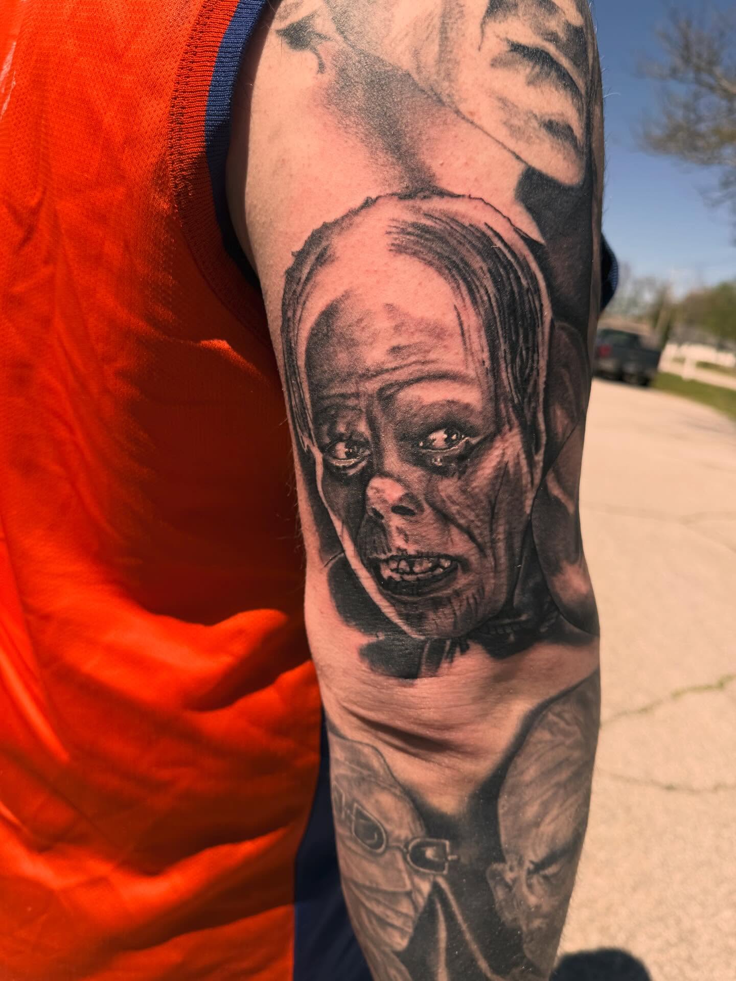 Horror character realism tattoo on the forearm by Frank DeMao