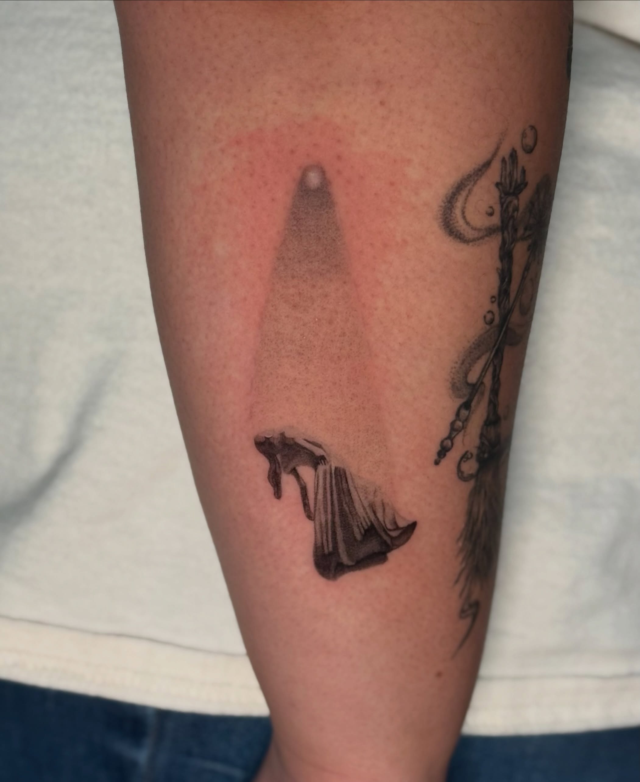 Woman silhouette black and grey tattoo on the calf by jaz🌀